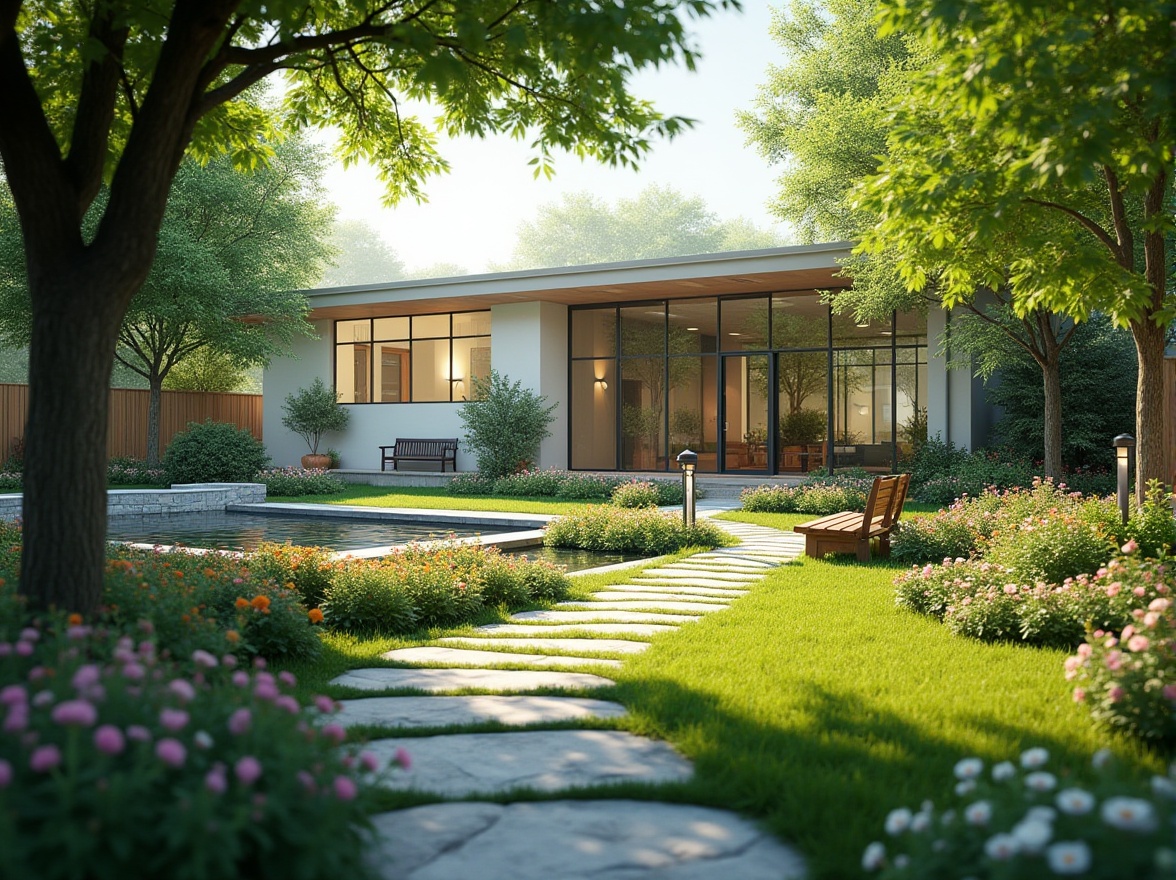 Prompt: Suburban clinic, peaceful atmosphere, lush greenery, garden benches, winding stone pathways, colorful flowerbeds, trimmed hedges, mature trees providing shade, wooden fences, lantern-style outdoor lighting, serene water features, small ponds, fountain sounds, vibrant blooming flowers, manicured lawns, modern minimalistic architecture, clean lines, large windows, natural light pouring in, 3/4 composition, soft focus background, warm and inviting ambient lighting.