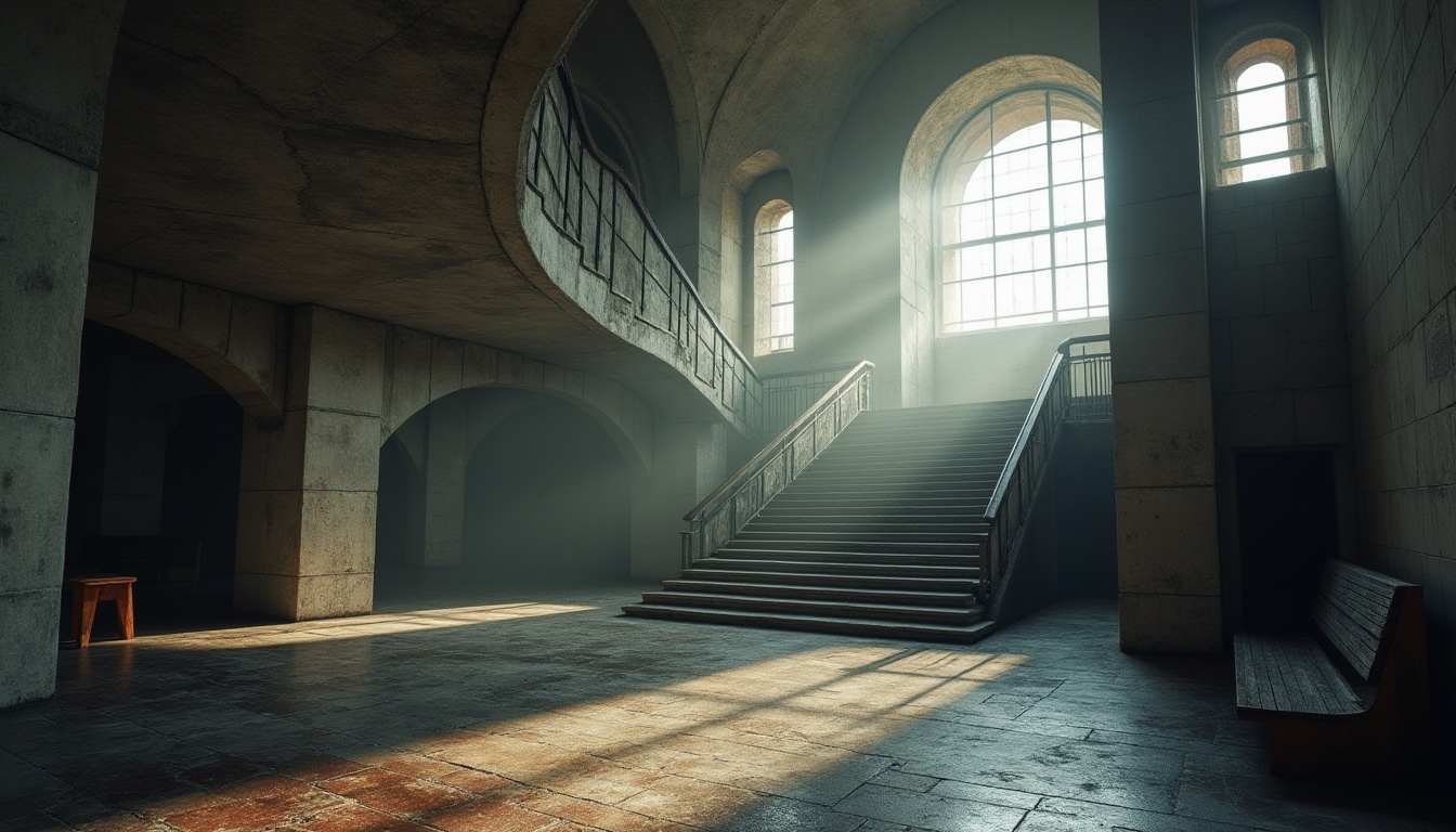 Prompt: Courthouse brutalist architecture, grand staircase, rough-hewn concrete walls, textured stone floors, geometric shapes, industrial metal railings, worn wooden benches, dramatic natural light pouring through large windows, moody shadows, atmospheric fog, misty morning, cinematic composition, low-angle shot, Dutch angle, gritty urban environment.