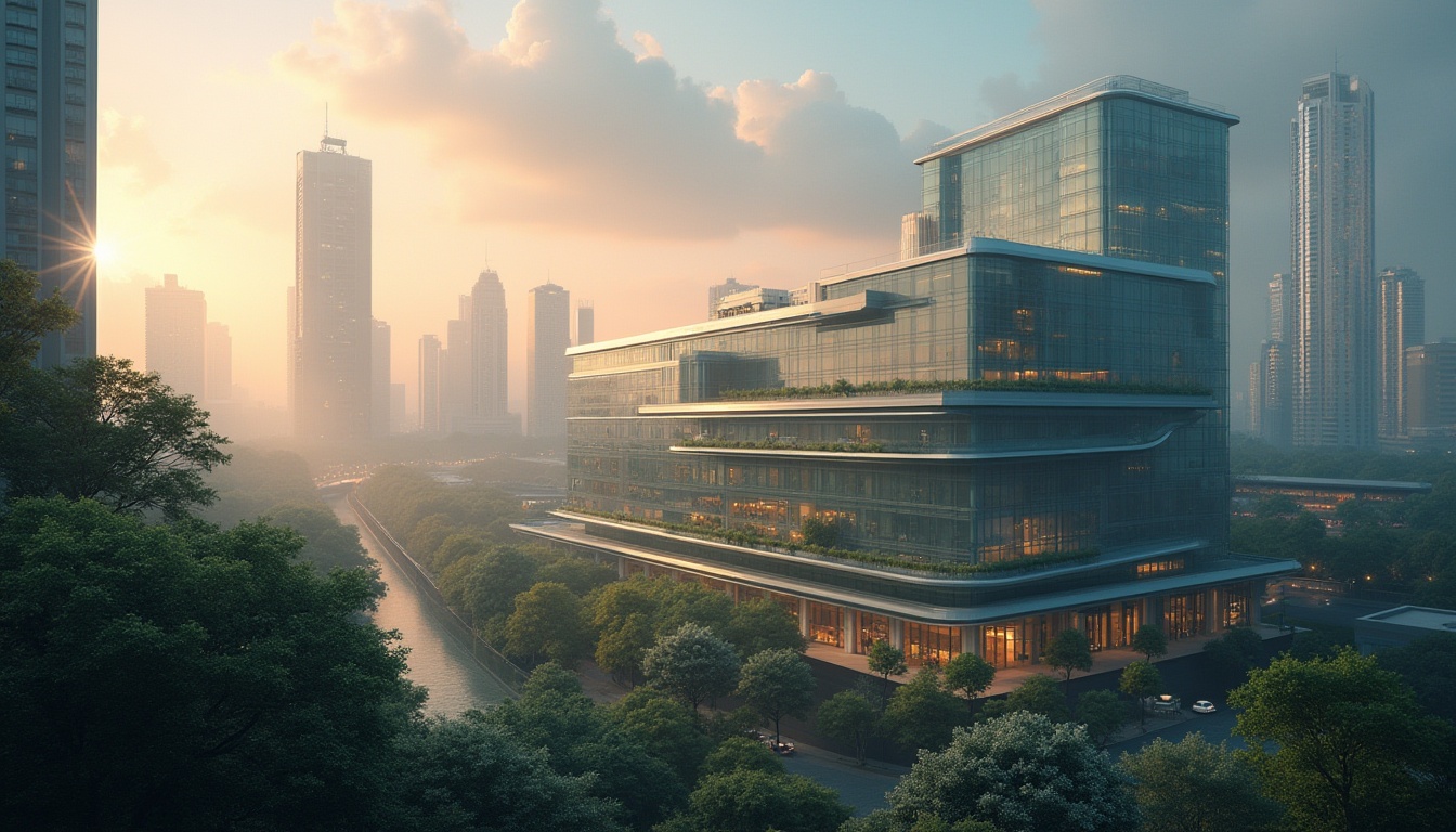 Prompt: Modern hospital, urban integration, streamline architecture, sleek glass façade, minimalist steel framework, futuristic LED lighting, lush green rooftop garden, vertical cityscape background, bustling metropolitan atmosphere, morning misty fog, warm golden sunrise light, 3/4 composition, shallow depth of field, cinematic ambiance, vibrant city soundscape.