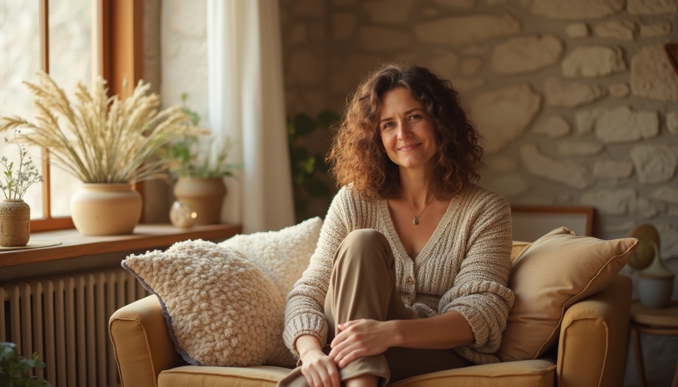 Prompt: Warm wheat-toned interior, cozy living room, mature lady, 30s, curly brown hair, gentle smile, warm beige sweater, comfortable dark beige pants, bare feet, sitting on a plush wheat-colored sofa, soft cushions, wooden coffee table, vase with dried flowers, large window with white curtains, warm sunlight filtering in, plants on the windowsill, rustic stone wall, natural textures, 3/4 composition, soft focus, warm lighting.