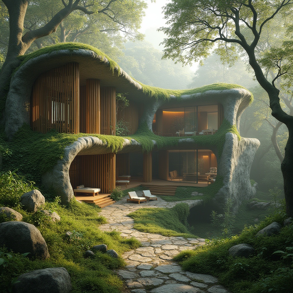 Prompt: Ancient monument, organic architecture, sustainable design, natural materials, recycled stone, living green walls, vines crawling up pillars, wooden accents, earthy tone, moss-covered roofs, curved lines, natural lighting, open spaces, panoramic views, minimal carbon footprint, eco-friendly, environmental harmony, ancient trees surrounding, misty morning, soft warm light, cinematic composition.