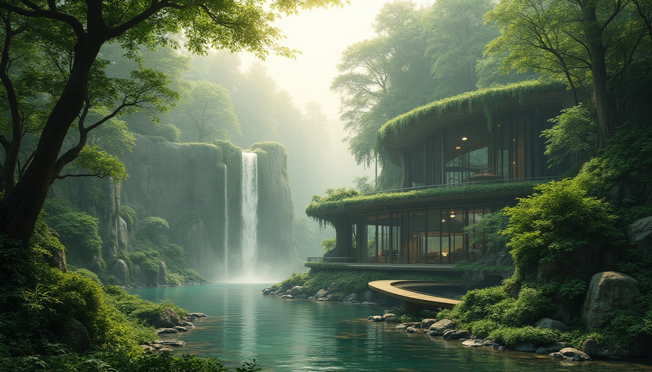 Prompt: Landscape integration, blending with nature, futuristic eco-city, skyscraper, lush green forest, waterfall, misty atmosphere, warm sunlight filtering through trees, modern architecture merged with natural elements, curved lines, sleek glass surfaces, vibrant greenery, vines crawling up walls, moss-covered roofs, intricate stone carvings, shallow water features, wooden walkways, atmospheric fog, ambient lighting, cinematic composition, 3/4 view.