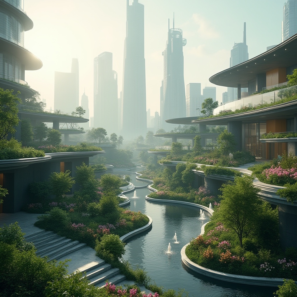 Prompt: Integration with Landscape Design, futuristic cityscape, skyscraper, modern architecture, sleek lines, metallic materials, green roof, lush vegetation, trees, bushes, flower beds, curved pathways, stairs, water features, fountains, mist effect, soft lighting, panoramic view, 3/4 composition, ambient light, cinematic atmosphere, morning dew, misty dawn.