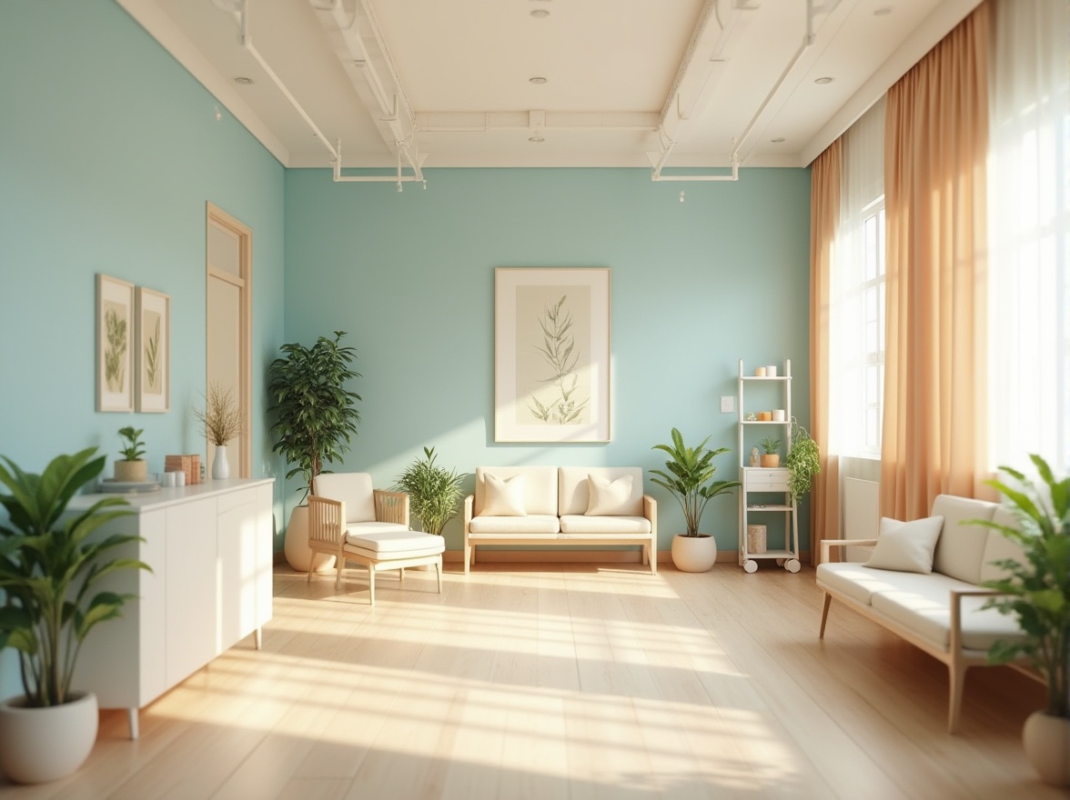 Prompt: Calming healthcare space, harmonious color palette, pastel blue walls, soft peach accents, creamy white furniture, natural wood flooring, lush green plants, warm beige curtains, gentle lighting, minimalist decor, serene atmosphere, medical equipment, doctor's desk, comfortable waiting area, patients' rooms, calming ambiance, nature-inspired artwork, subtle patterns, rounded shapes, inviting textures, peaceful mood, soft focus, shallow depth of field, warm color temperature, high-key lighting, symmetrical composition.