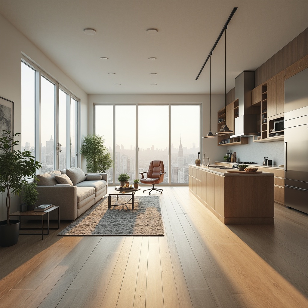 Prompt: Modern minimalist interior, spacious open-plan living area, natural materials, wooden floor, large windows, abundant sunlight, 3-seater sofa in neutral tone, geometric-patterned rug, coffee table with metal legs, decorative plants on shelves, industrial-style pendant lamp, functional kitchen island, high-gloss countertops, stainless steel appliances, ample storage cabinets, ergonomic office chair, clutter-free workspace, panoramic city view, morning light, soft focus, 3/4 composition.