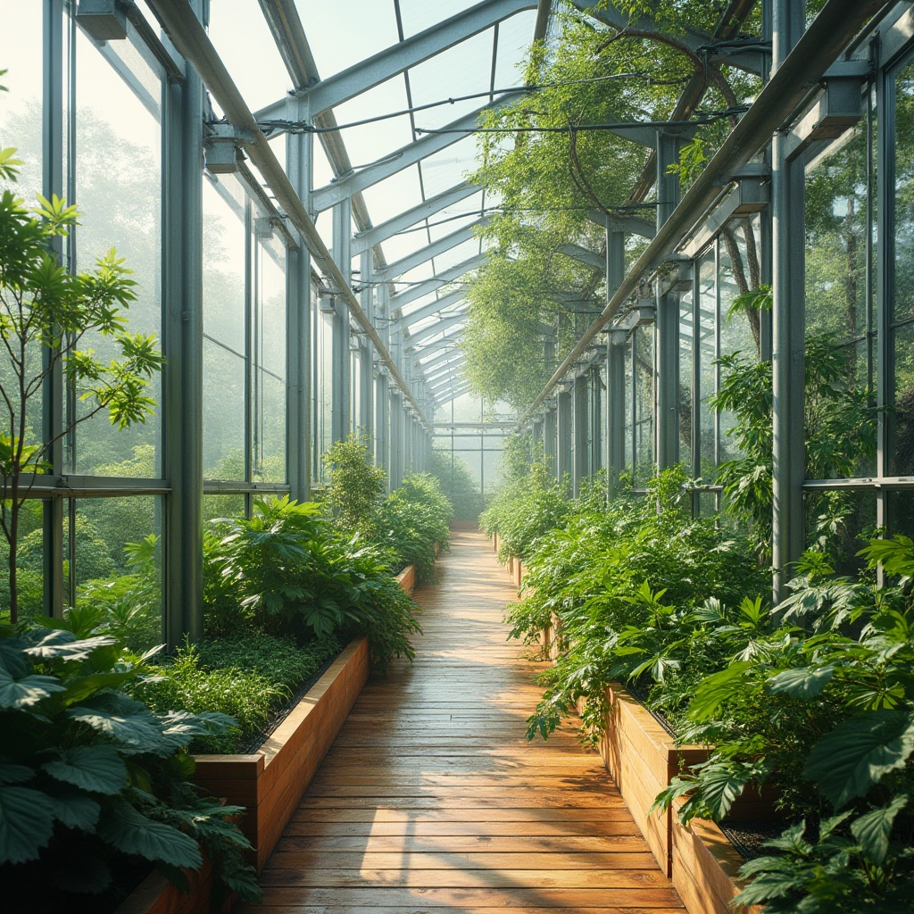 Prompt: Sustainable greenhouse, modern architecture, glass walls, steel frame, lush greenery, natural ventilation, solar panels, rainwater harvesting system, recycled materials, living roof, green facade, bamboo flooring, wooden beams, minimal carbon footprint, zero waste, energy efficiency, eco-friendly, futuristic, angles, panoramic view, soft natural lighting.