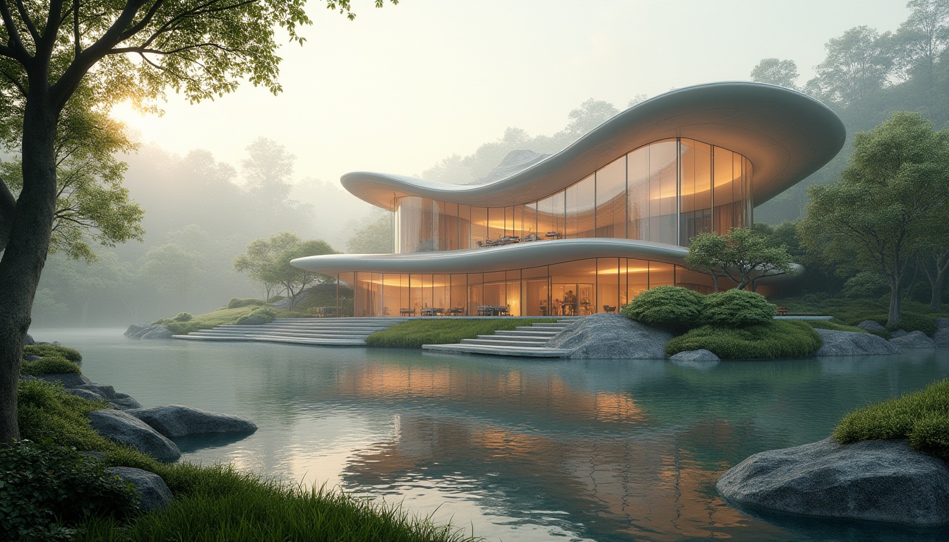 Prompt: Organic architecture, natural forms, flowing curves, wavy lines, irregular shapes, biomimetic design, futuristic building, undulating roof, twisting columns, curved walls, transparent glass façade, reflective surface, rippling water feature, lush greenery surroundings, misty atmosphere, soft morning light, 3/4 composition, cinematic depth of field, warm color tone, ambient Occlusion.