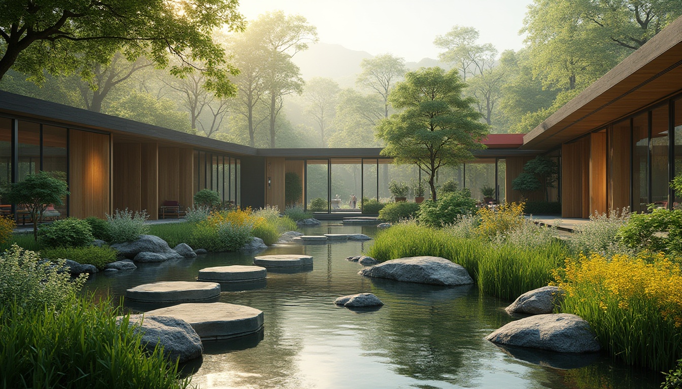 Prompt: Harmonious integration, landscape design, modern architecture, sleek lines, greenery, water features, stepping stones, natural rocks, vibrant flowers, lush grass, serene atmosphere, warm sunlight, gentle breeze, panoramic view, 3/4 composition, soft focus, cinematic lighting, morning dew, misty effect.