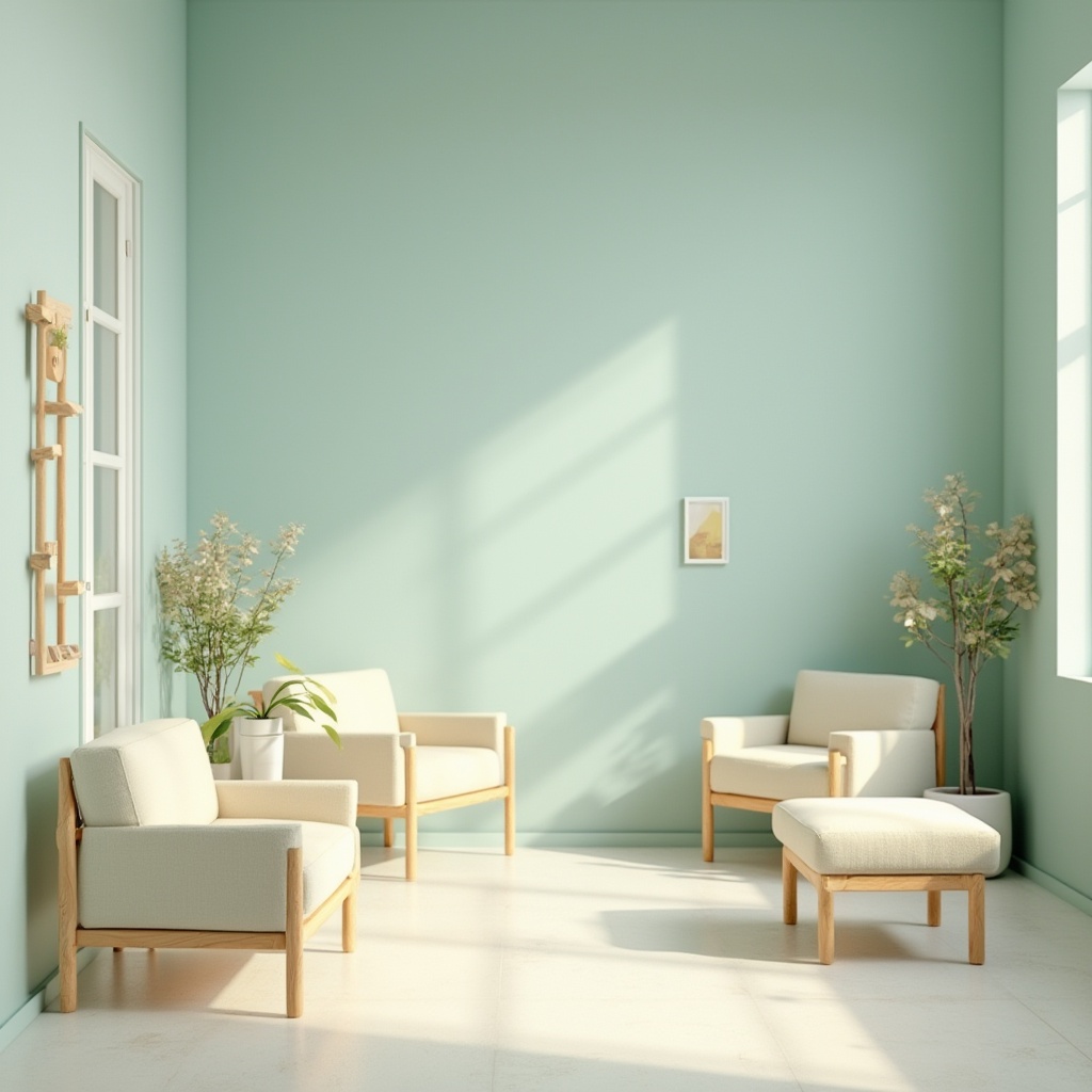 Prompt: Soothing healthcare space, harmonious color palette, pastel shades, light blue walls, creamy white furniture, pale green accents, wooden decorations, minimal ornaments, calming atmosphere, natural lighting, soft shadows, gentle curves, rounded edges, comfortable seating area, plants with soft leaves, gentle water feature, peaceful waiting room, serene background, warm and inviting ambiance, 3/4 composition, soft focus, realistic rendering.