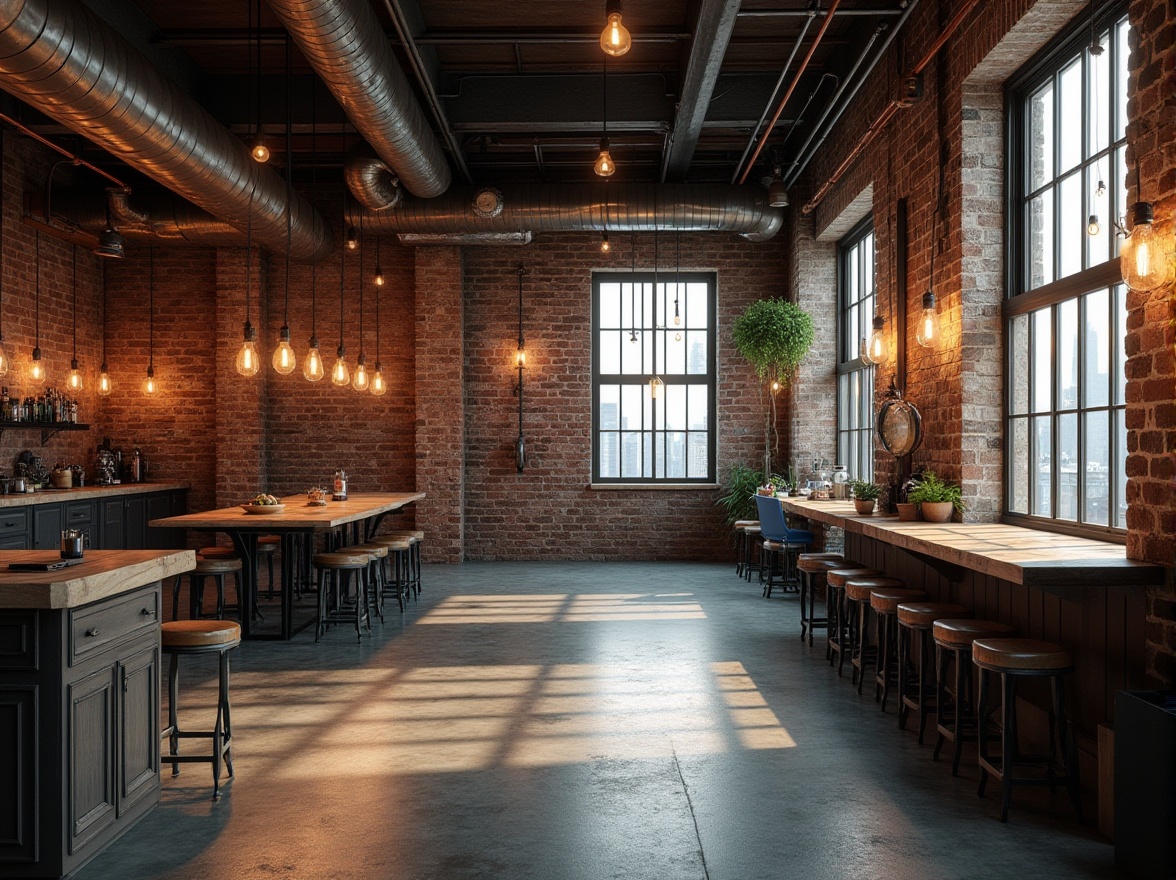 Prompt: Industrial chic interior, exposed brick walls, metal beams, polished concrete floor, Edison bulbs, reclaimed wood furniture, vintage machinery parts, copper pipes, urban loft atmosphere, natural light pouring in through large windows, cityscape view, 3/4 composition, low-key lighting, gritty texture, distressed finishes, modern industrial decor.