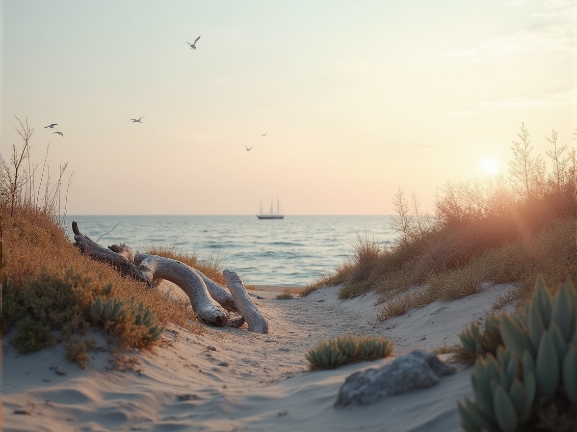 Prompt: Coastal minimalist landscape, serene atmosphere, natural materials, driftwood, weathered stone, succulents, beachy grass, simple pathway, subtle lighting, warm sunset colors, gentle sea breeze, vast ocean view, distant seagulls flying, a few sailboats on the horizon, soft focus, shallow depth of field, calming composition, cinematic mood, natural textures.