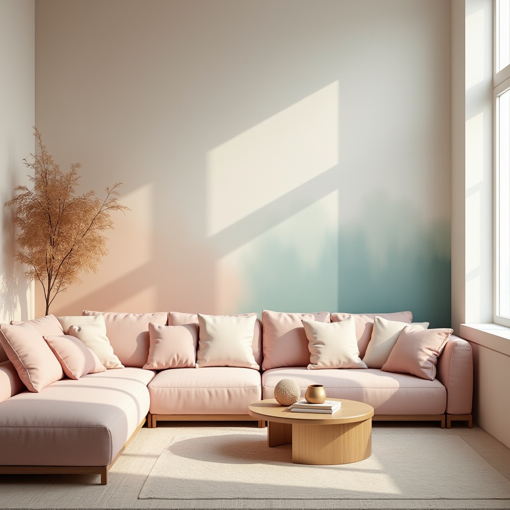 Prompt: Pastel colors, soft gradient, gentle ombre, warm beige, creamy whites, rich turquoise, deep berry shades, metallic rose gold, matte finishes, subtle texture, modern minimalist, Scandinavian design, interior decor, living room, cozy atmosphere, natural light, 3/4 composition, symmetrical balance, vibrant accents, monochromatic harmony, artistic abstraction.