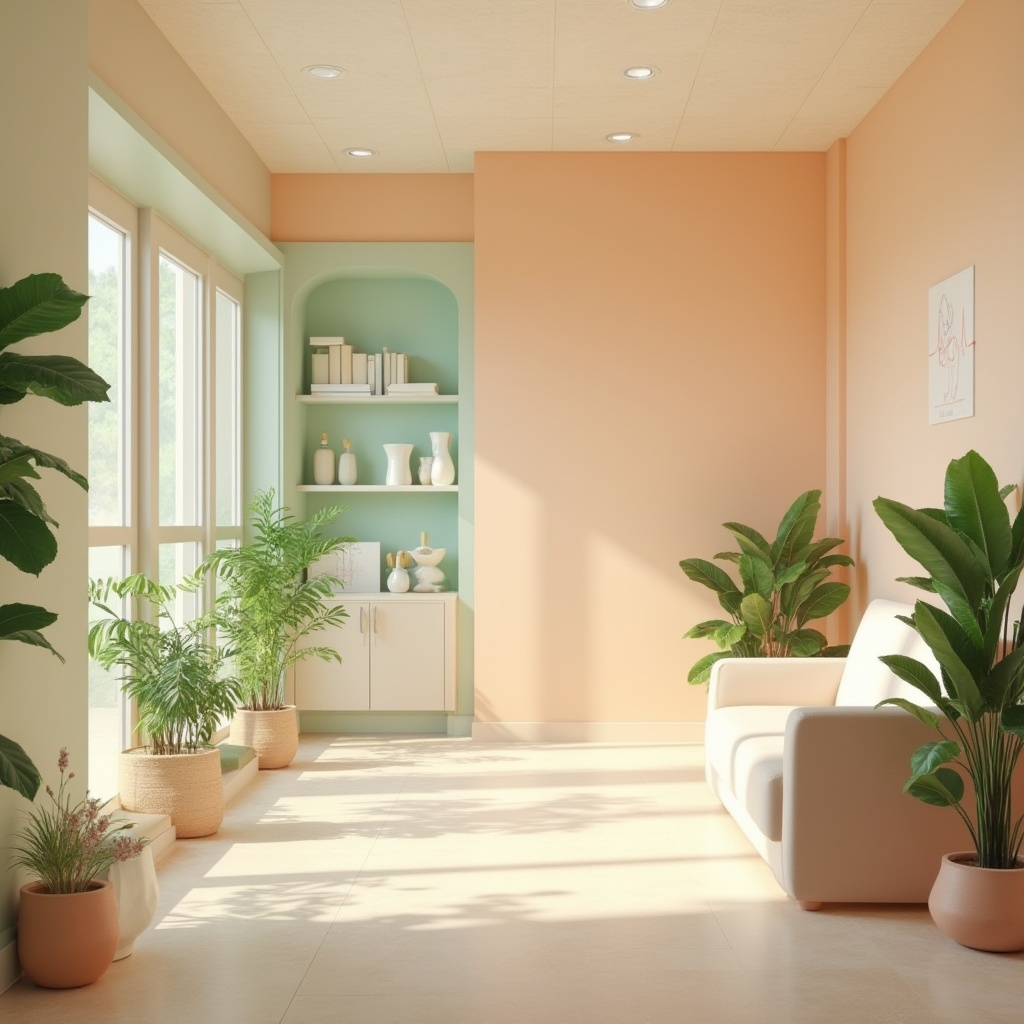 Prompt: Calming healthcare interior, harmonious color palette, pastel shades, soft peach walls, creamy white furniture, gentle mint accents, warm beige floors, natural light pouring in through large windows, lush green plants scattered throughout, comfortable waiting area, rounded corners, minimal ornamentation, peaceful ambiance, serene atmosphere, subtle texture, soft focus, shallow depth of field, warm lighting, calming composition.