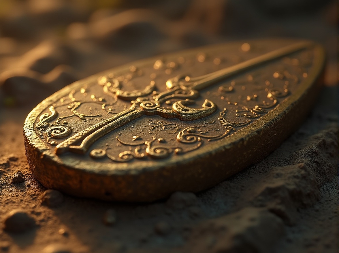 Prompt: Sand-casted metal elements, intricate designs, golden color tone, rough texture, reflective surface, ornate patterns, ancient relics, mysterious atmosphere, misty background, soft lighting, close-up shot, 3/4 composition, shallow depth of field, cinematic mood, warm ambient light, subtle shadows.