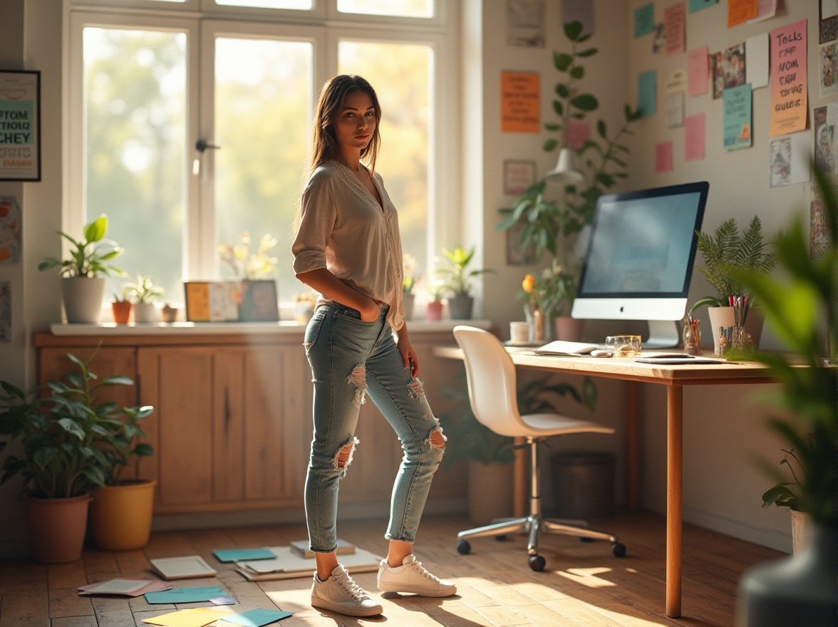 Prompt: Vibrant design studio, morning sunlight, warm atmosphere, young female designer, casual wear, ripped jeans, white sneakers, trendy hairstyle, minimal makeup, bright eyes, colorful pens and papers scattered around, large desk with Mac computer, ergonomic chair, wooden floor, plants in pots, inspirational quotes on walls, pastel color swatches, paint samples, fabric textures, mood board, color wheel, 3/4 composition, soft focus, natural lighting, creative expression.