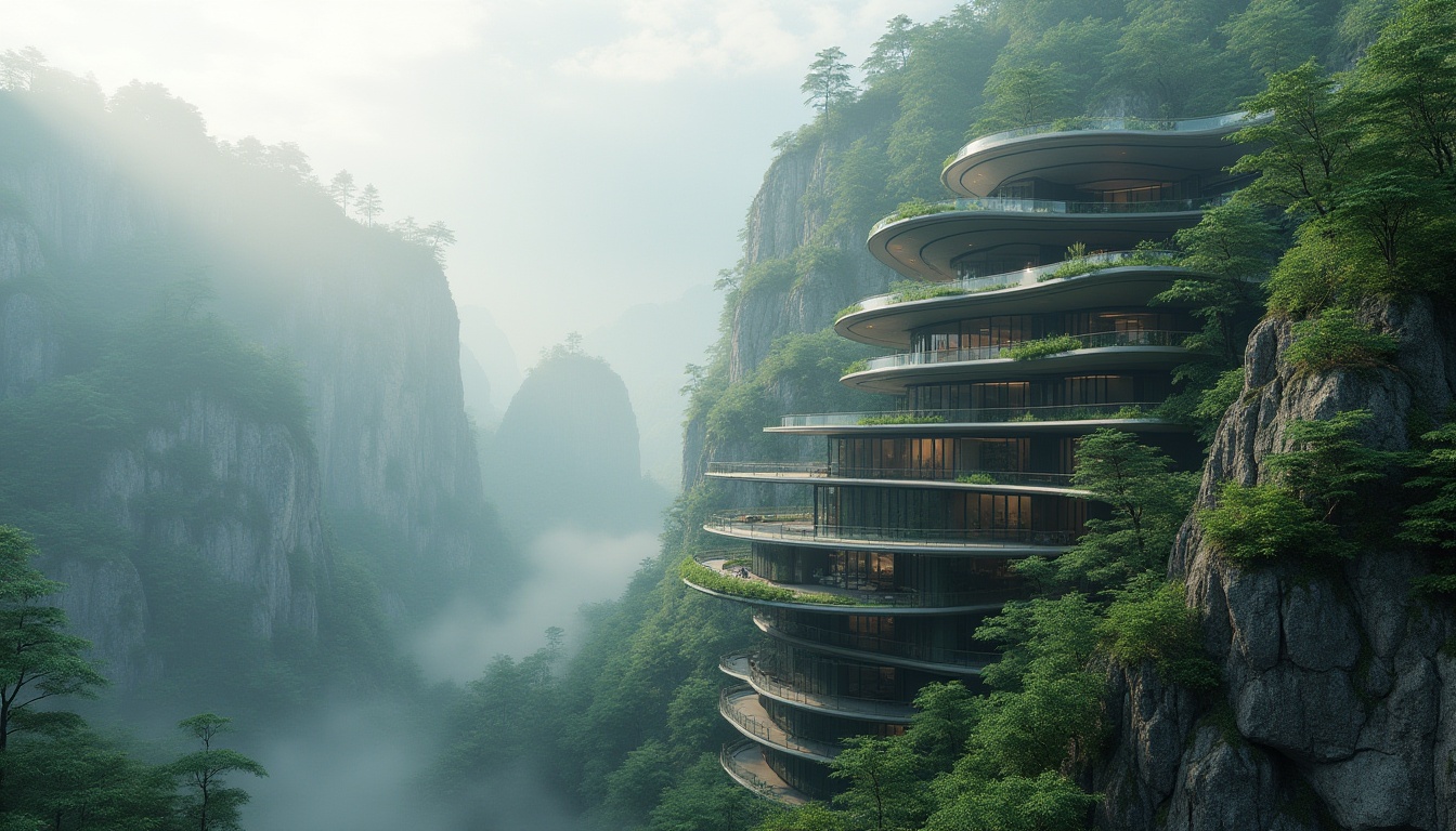 Prompt: Mountainous landscape, harmonious integration, blending architecture with nature, futuristic skyscraper, curved lines, green roofs, cantilevered balconies, floor-to-ceiling windows, reflective glass, steel frames, minimalist design, surrounded by lush forest, towering trees, misty atmosphere, fog rolling in, rugged terrain, natural stone walls, overhanging cliffs, panoramic view, 3/4 composition, soft warm lighting, cinematic ambiance.