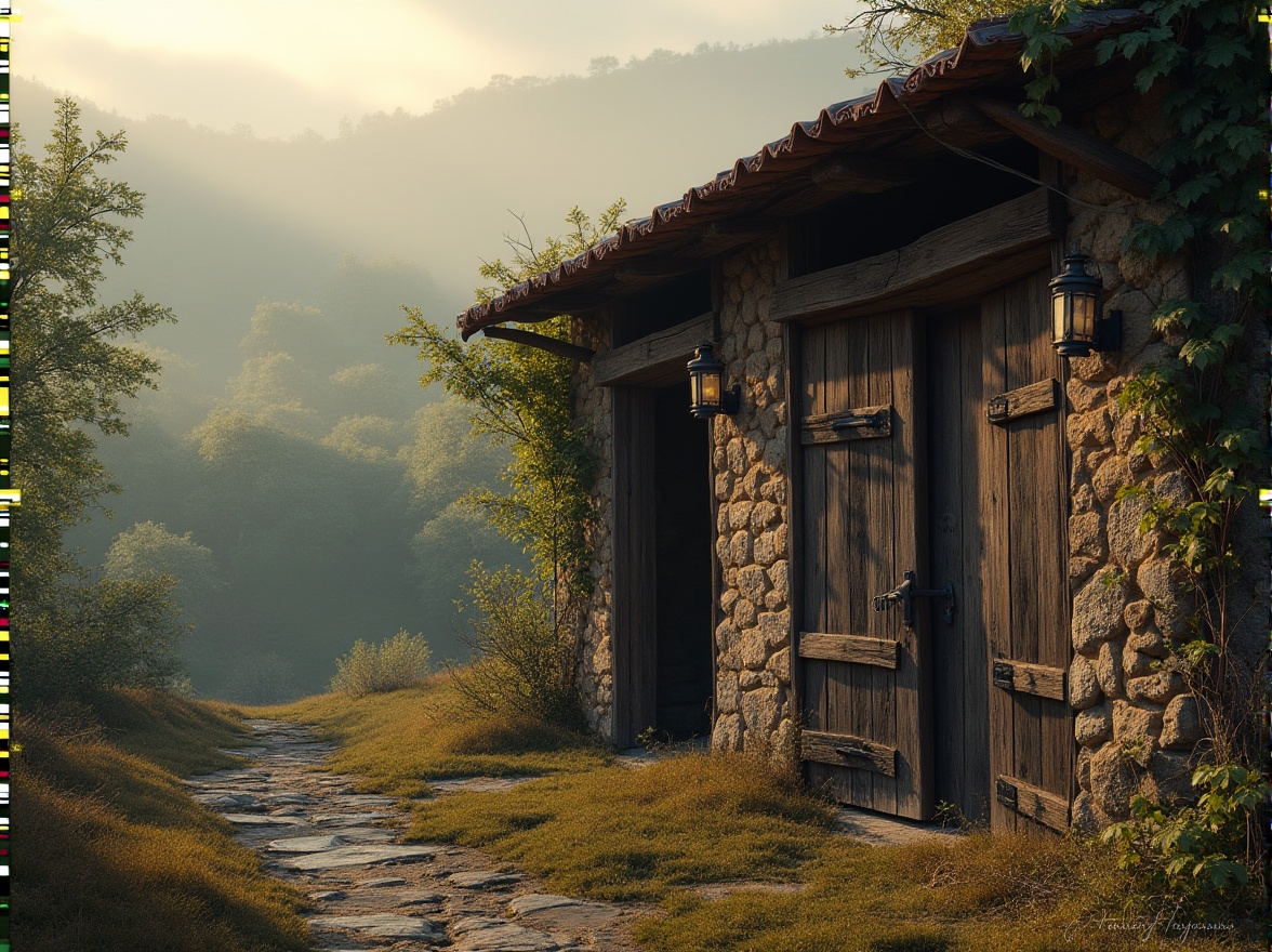 Prompt: Rustic barn, academic style architecture, wooden framework, stone foundation, clay roof tiles, worn wooden doors, metal hinges, old lanterns, ivy climbing walls, overgrown with weeds, abandoned feel, rural landscape, rolling hills, scattered trees, misty morning, warm sunlight filtering through fog, cinematic composition, 3/4 view, shallow depth of field, soft focus, nostalgic atmosphere.