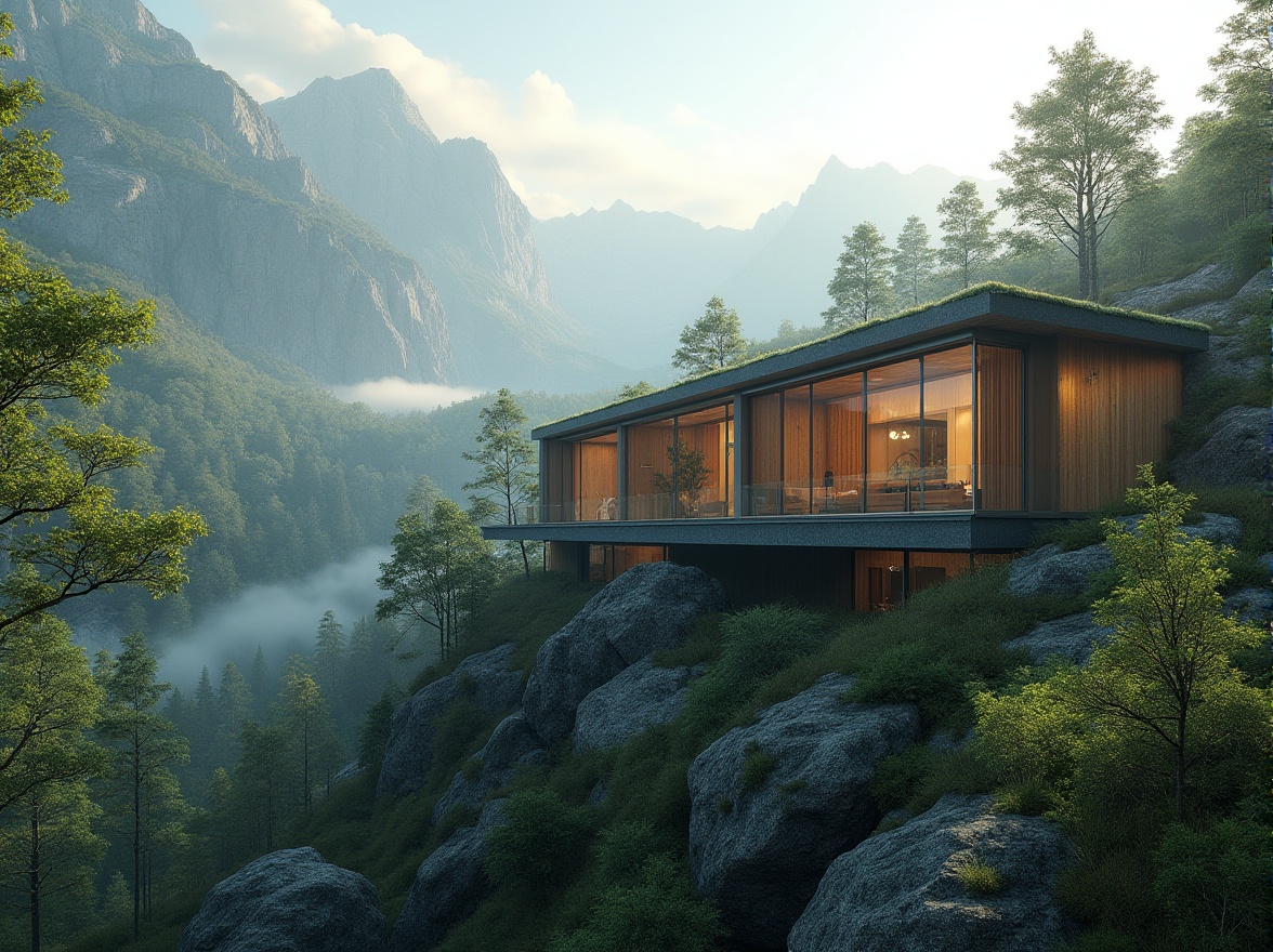 Prompt: Mountainous landscape, modern building integration, green roof, large windows, natural light, wooden accents, stone walls, curved lines, harmonious blend, surrounding trees, lush foliage, misty morning, soft sunlight, gentle breeze, panoramic view, 3/4 composition, depth of field, cinematic lighting.