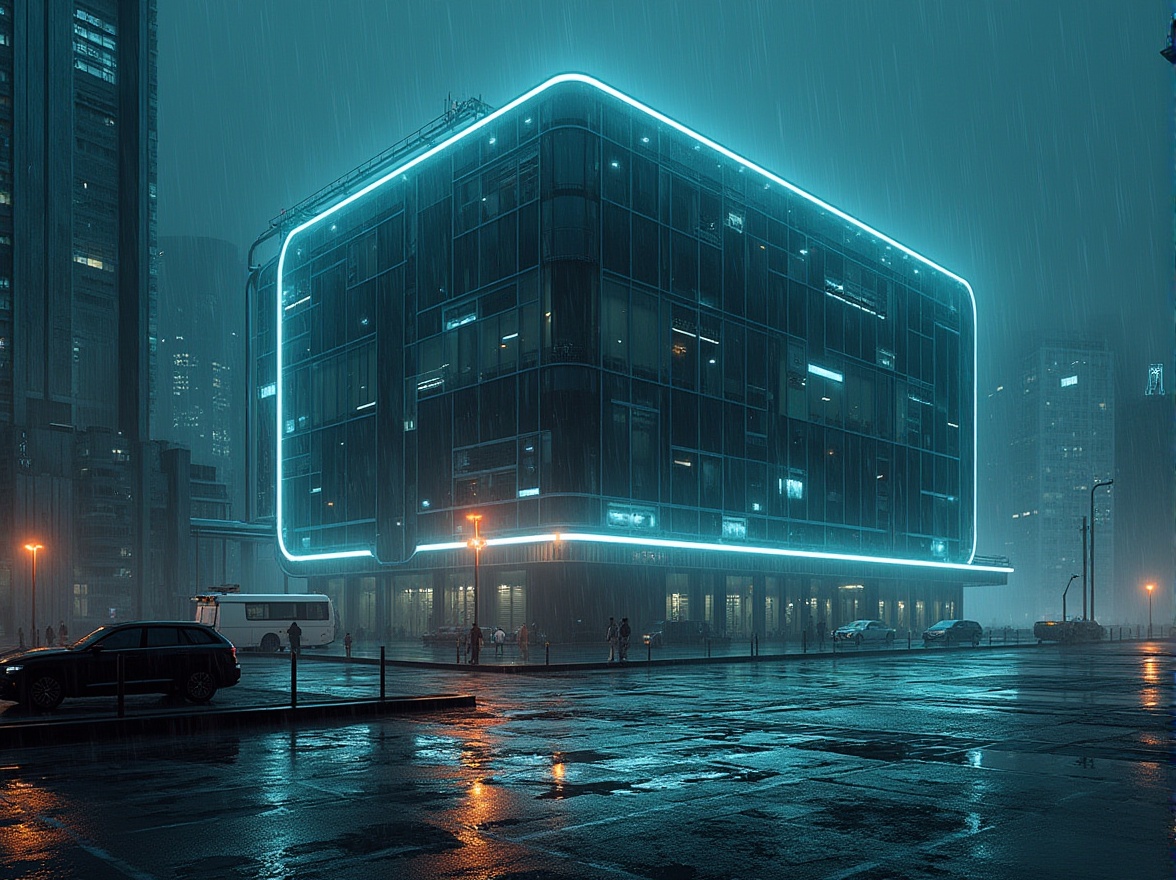 Prompt: Futuristic warehouse, innovative facade design, neon lights, metallic materials, glass panels, sleek lines, angular structures, industrial pipes, cyberpunk atmosphere, urban cityscape, rainy night, misty fog, dramatic lighting, low-angle shot, 3/4 composition, cinematic mood, high-tech details, reflective surfaces, abstract patterns, glowing accents.