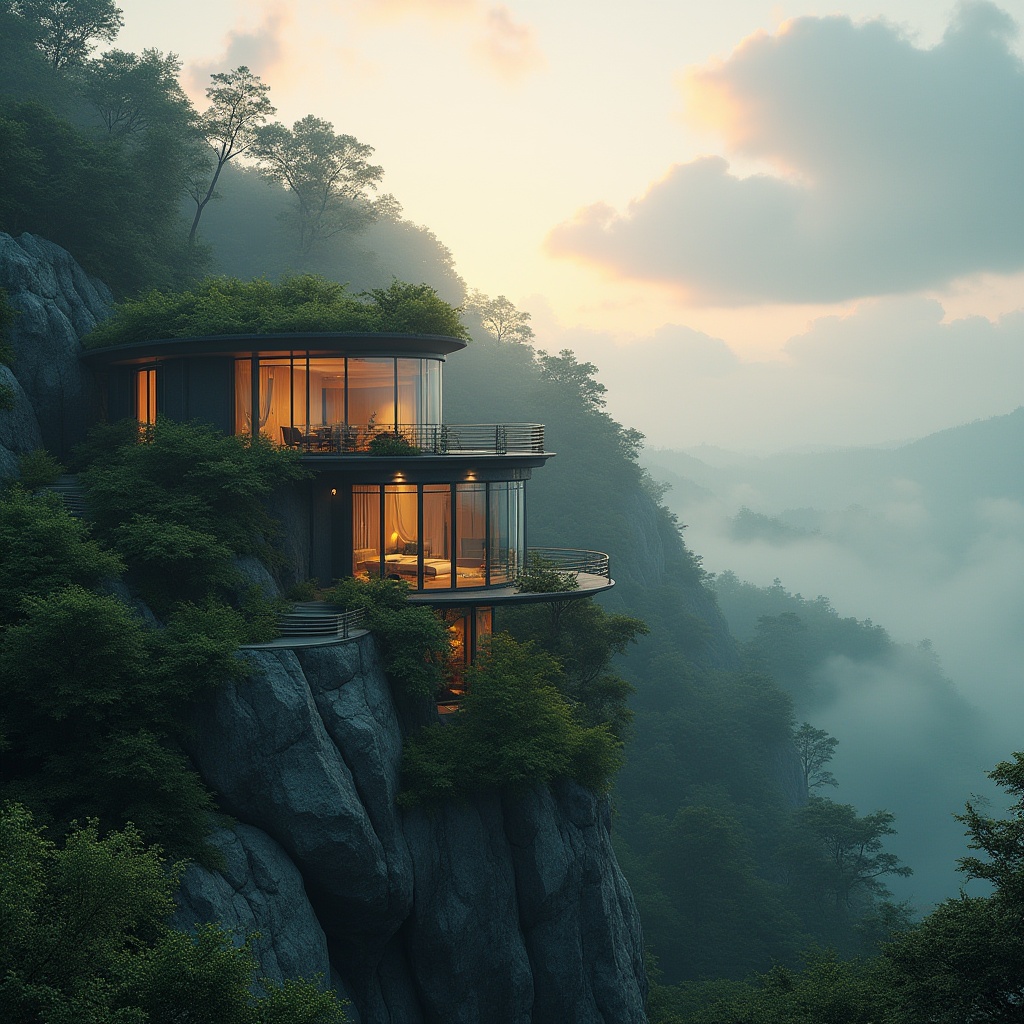 Prompt: Mountainous landscape, serene atmosphere, fusion of modern architecture with natural surroundings, sleek glass villa, curved lines blending with organic rocks, lush greenery overflowing from rooftop garden, wooden deck extending into the forest, misty fog rolling in, subtle warm lighting, soft focus, shallow depth of field, vibrant colors, cinematic composition, 3/4 view, dramatic clouds, warm sunset hues.