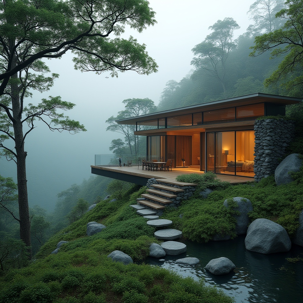 Prompt: Mountain villa, harmonious integration, modern architecture, blending with nature, lush greenery, overhanging eaves, wooden accents, floor-to-ceiling windows, panoramic view, surrounding trees, misty atmosphere, morning dew, subtle lighting, 3/4 composition, natural materials, stone walls, curved lines, minimalist decor, secluded location, serene ambiance, soft focus, warm color tone.