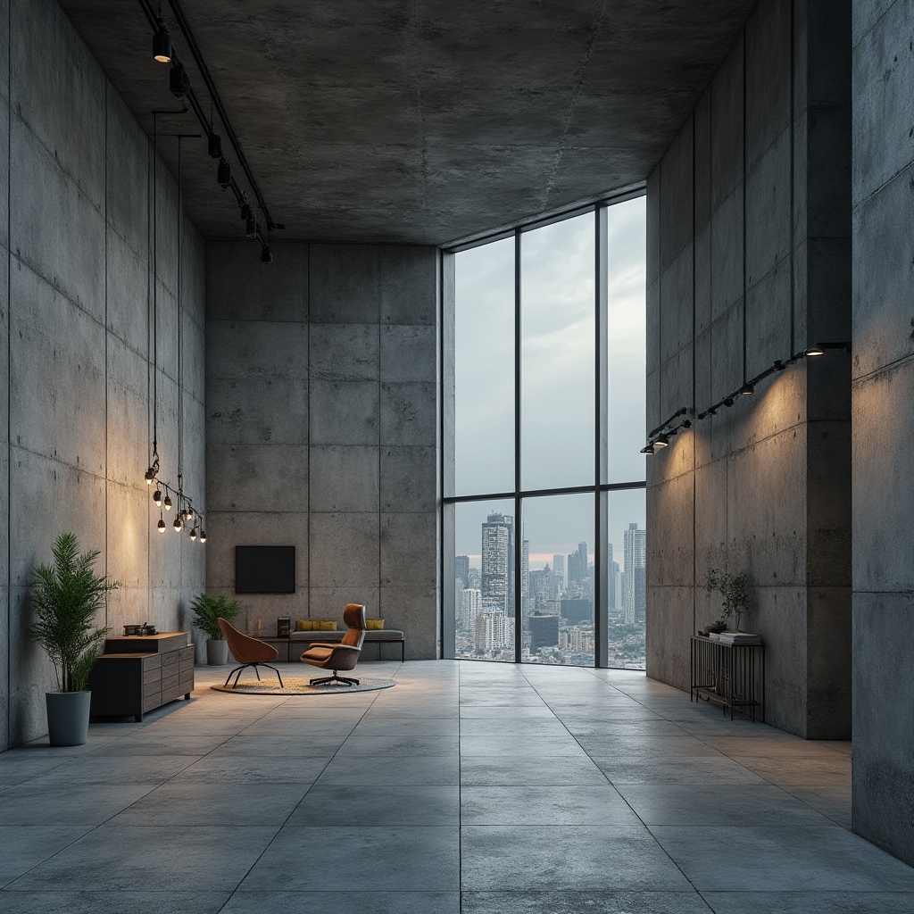 Prompt: Industrial chic, modern architectural design, concrete building, brutalist style, rough unfinished concrete walls, polished concrete floors, industrial lamps, metal beams, minimalist decor, urban cityscape, cloudy sky, dramatic lighting, low-angle shot, cinematic composition, detailed textures.