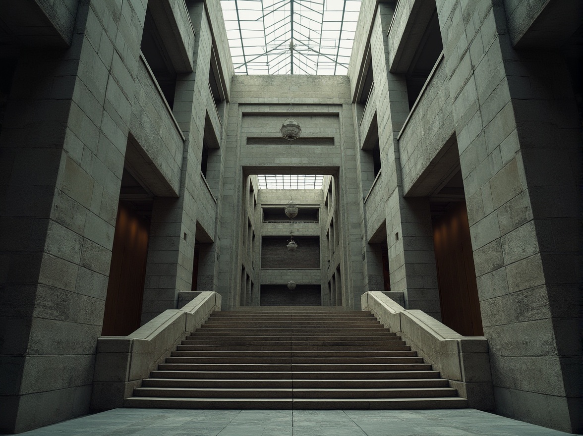 Prompt: Courthouse building, brutalist architecture, concrete structure, rugged texture, rough stone walls, geometric patterns, grand staircase, imposing columns, ornate details, natural light pouring through skylights, dramatic shadows, low-angle shot, cinematic composition, urban atmosphere, cloudy day, soft focus, warm color tone.