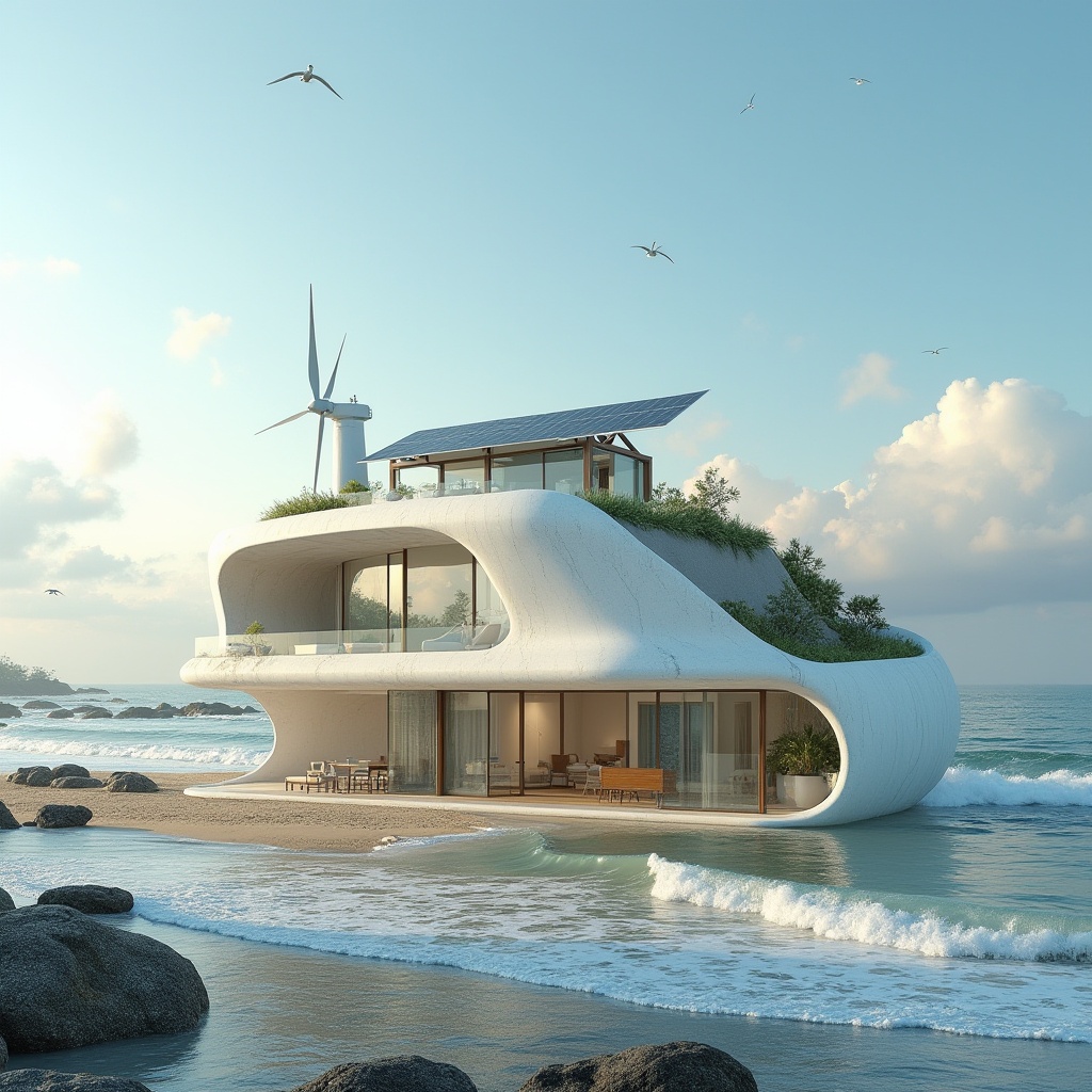 Prompt: Sustainable, eco-friendly, modern coastal blobitecture building, curvaceous shape, white concrete exterior, large glass windows, sliding doors, solar panels on roof, green roof with lush vegetation, wind turbine, natural ventilation system, minimal waste design, recyclable materials, beachside location, serene ocean view, gentle waves crashing, seagulls flying overhead, clear blue sky with few puffy clouds, warm sunlight reflecting off the water, soft focus, 3/4 composition, atmospheric perspective, shallow depth of field.