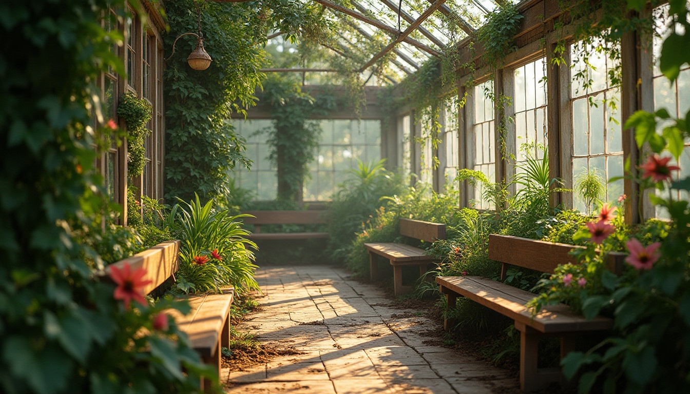 Prompt: Natural lighting, greenhouse interior, lush greenery, vines crawling up walls, exotic flowers blooming, wooden benches amidst plants, large glass windows, soft diffused light, warm ambiance, 3/4 composition, shallow depth of field, gentle shadows, rustic wooden beams, earthy tone, serene atmosphere.