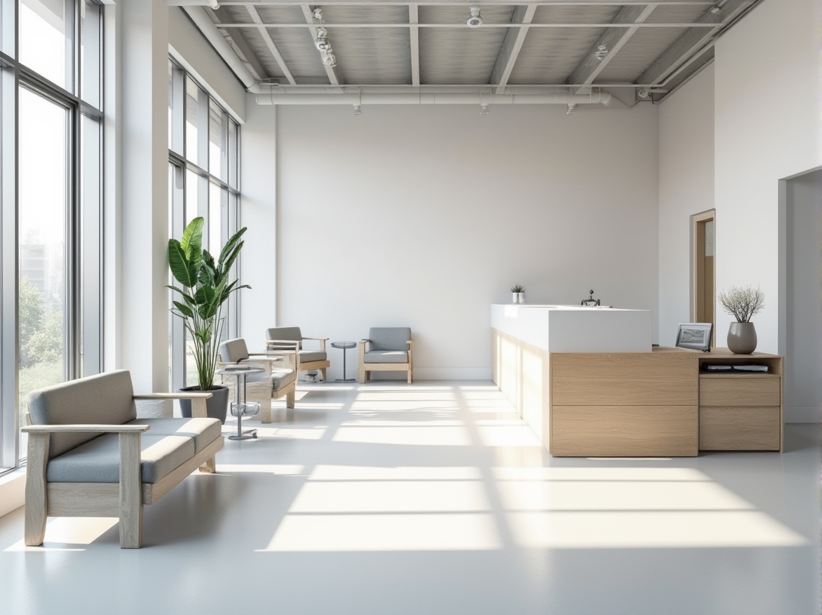 Prompt: Modern clinic interior, Bauhaus style, efficient layout, white walls, minimal decor, sleek lines, functional furniture, stainless steel equipment, wooden accents, large windows, natural light, open spaces, minimalist waiting area, ergonomic chairs, simple reception desk, geometric patterns, industrial flooring, clean lines, 3/4 composition, soft focus, ambient lighting.