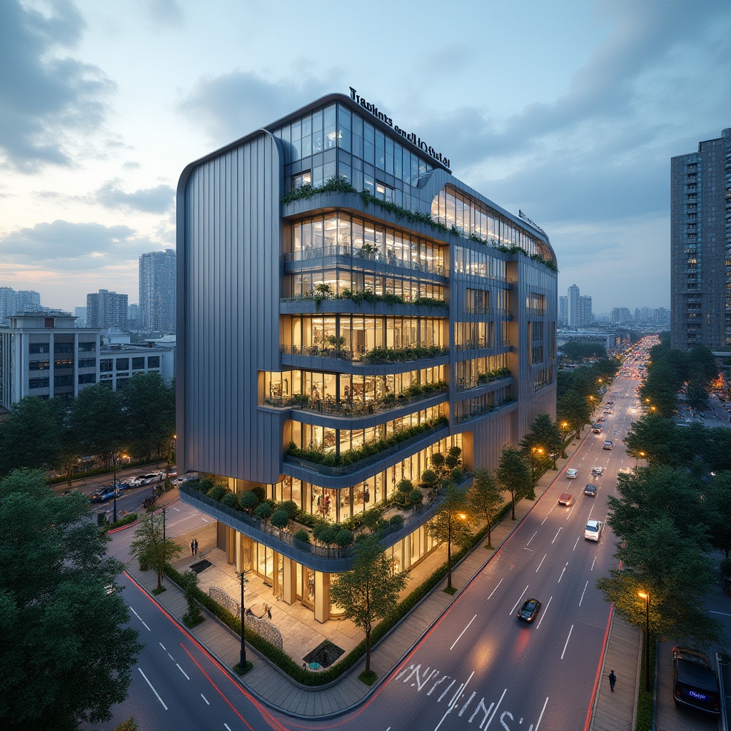 Prompt: Modern hospital building, urban integration, streamline architecture, sleek lines, silver-gray metal exterior, large glass windows, minimalist design, lush greenery, rooftop garden, cityscape background, bustling streets, vehicles moving, pedestrian sidewalks, contemporary streetlights, warm evening lighting, shallow depth of field, 3/4 composition, cinematic atmosphere, HDR rendering.