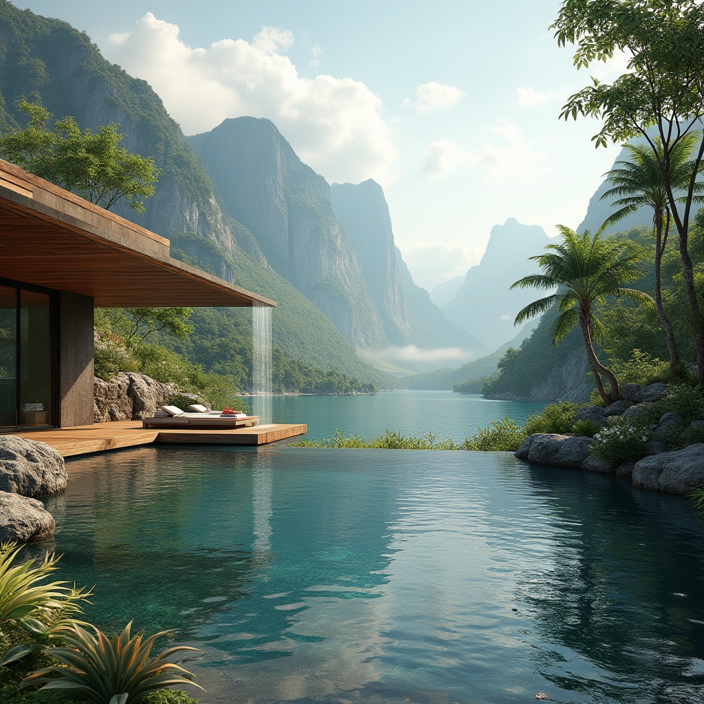 Prompt: Mountainous landscape, serene lake, villa integration, blending architecture with nature, modern minimalist design, wooden accents, large glass windows, sliding doors, infinity pool, waterfall feature, lush greenery, tropical plants, palm trees, blooming flowers, natural stone walls, earthy tone color palette, warm sunlight, misty atmosphere, distant mountains, panoramic view, 3/4 composition, soft focus, cinematic lighting.