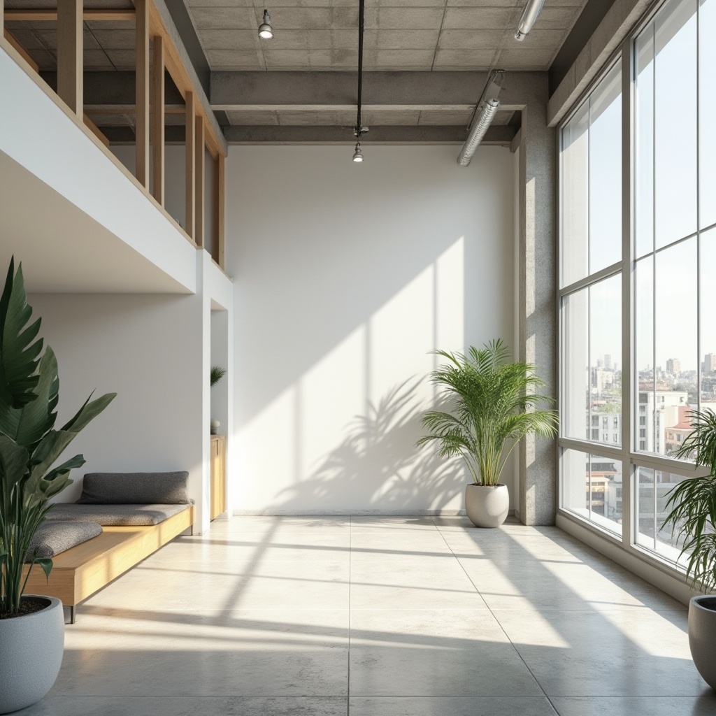 Prompt: Minimalist architecture, modern building, white walls, large glass windows, simple lines, concrete floor, wooden accents, steel beams, industrial lighting, sparse decoration, potted plants, natural light, empty space, calm atmosphere, urban background, cityscape view, morning sunlight, soft shadows, 3/4 composition, wide-angle lens.