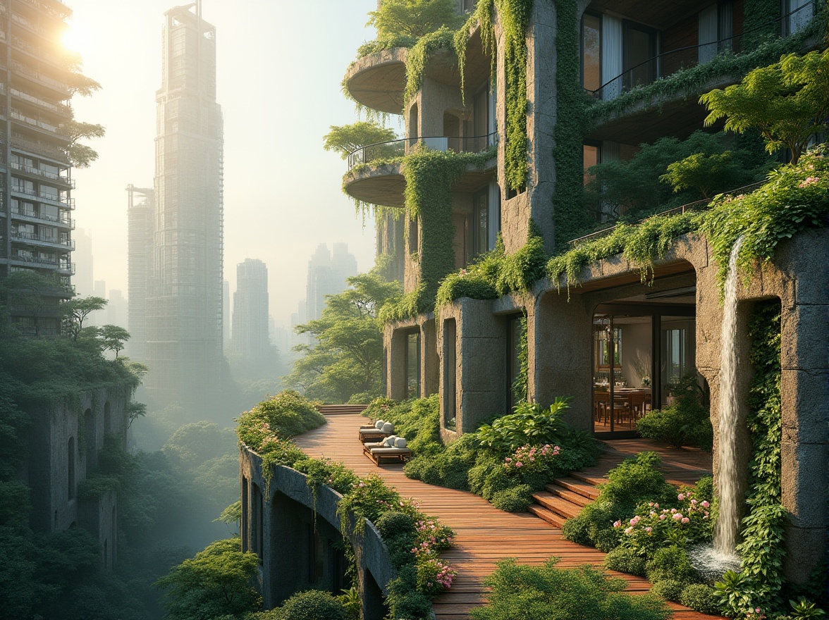 Prompt: Landscape integration, blending architecture with nature, futuristic skyscraper, curved lines, glass facade, lush green rooftop garden, vines crawling up walls, natural stone foundation, waterfall cascading down exterior, misty morning atmosphere, soft golden lighting, panoramic view, 3/4 composition, modern cityscape, vibrant floral arrangements, wooden deck, intricate steel beams, organic shapes, sustainable design, eco-friendly materials, serene ambiance, dramatic depth of field.