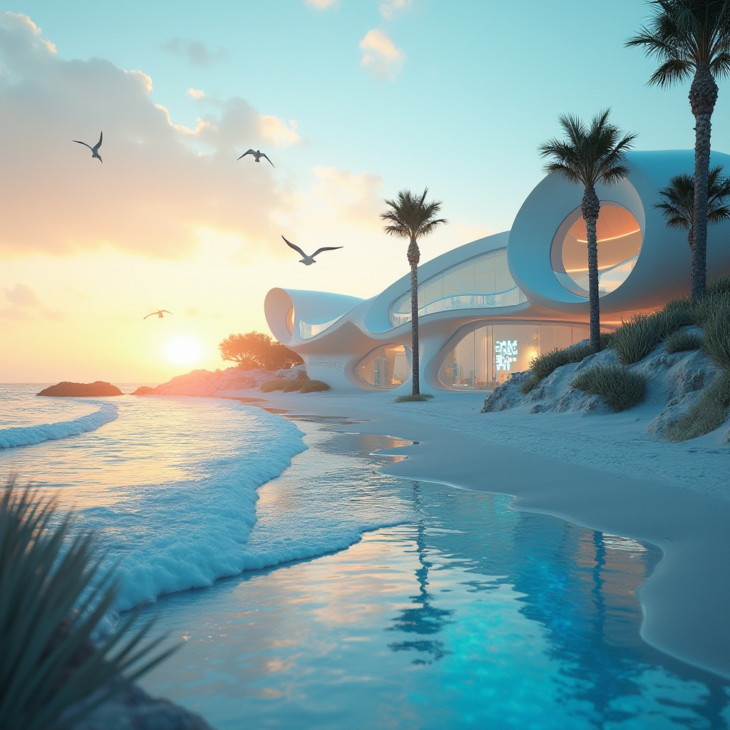 Prompt: Sustainable, eco-friendly, coastal, Blobitecture, futuristic, curved lines, iridescent materials, reflective surfaces, wave-inspired, ocean-blue, translucent, glowing accents, beachside, sandy dunes, palm trees, seagulls flying overhead, sunset warm lighting, 3/4 composition, shallow depth of field, soft focus, dreamy atmosphere.