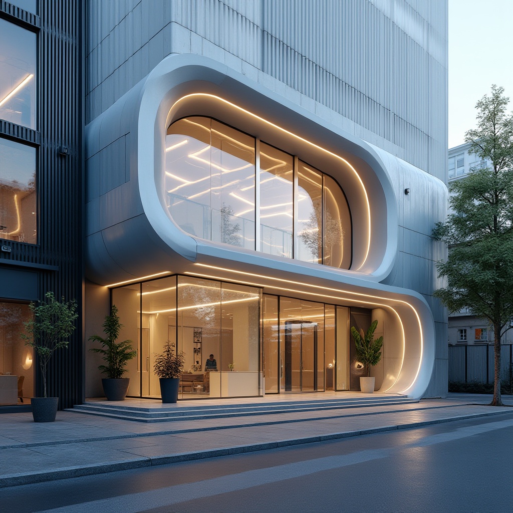 Prompt: Modern dental clinic facade, innovative design, LED lights, geometric shapes, curved lines, glass walls, steel frames, minimalist architecture, urban setting, cityscape, morning sunlight, soft shadows, 3/4 composition, depth of field, cinematic lighting, realistic rendering.