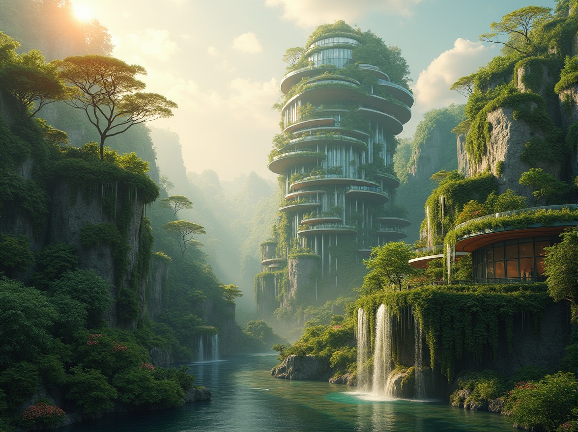 Prompt: Surreal landscape, futuristic skyscraper, blending seamlessly with natural surroundings, lush greenery, vines crawling up walls, trees growing out of rooftops, waterfall cascading down exterior, misty atmosphere, warm golden lighting, 3/4 composition, panoramic view, soft focus, dreamy ambiance, eco-friendly architecture, sustainable design, modern materials, glass and steel structure, curved lines, organic shapes, blooming flowers, vibrant colors, serene backdrop, ambient occlusion.