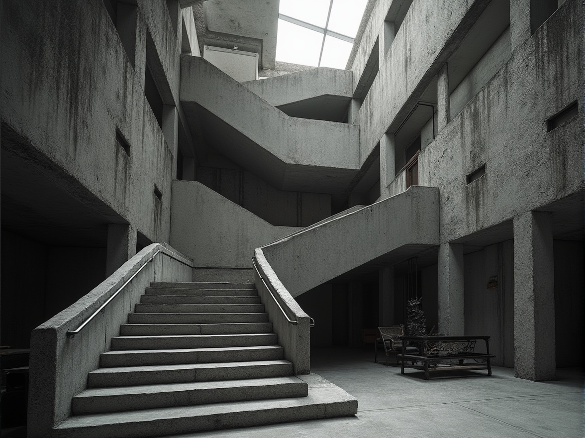 Prompt: Courthouse brutalism, concrete architecture, rugged textured surfaces, geometric shapes, bold shadows, dramatic lighting, monumental staircase, grand atrium, worn stone walls, cold metal railings, weathered wooden accents, urban atmosphere, overcast sky, low-angle shot, symmetrical composition, high-contrast monochrome, cinematic mood.