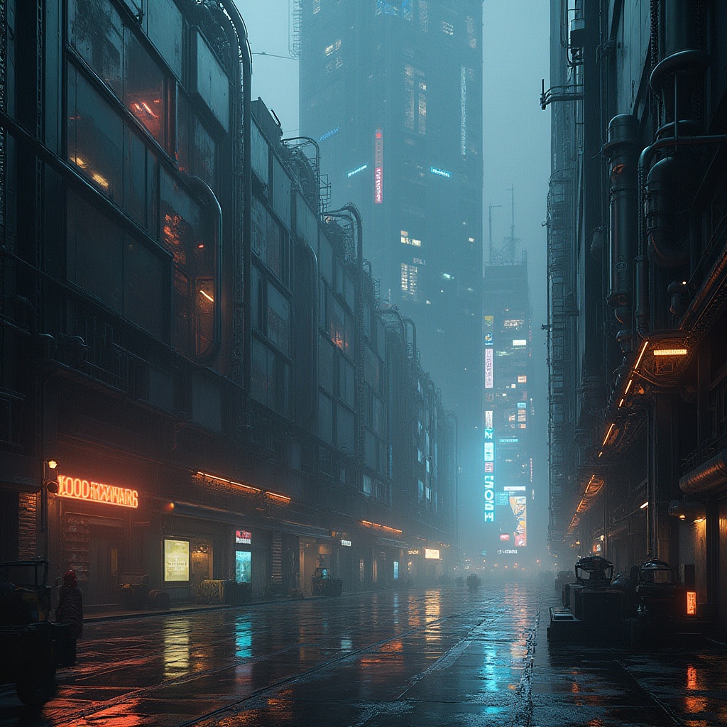 Prompt: Futuristic warehouse, innovative facade design, metallic materials, neon lights, industrial pipes, cyberpunk atmosphere, geometric shapes, LED screens, holographic advertisements, towering skyscrapers, rainy cityscape, dark alleys, misty fog, dramatic spotlights, cinematic composition, low-angle shot, symmetrical architecture, brutalist elements, urban decay.