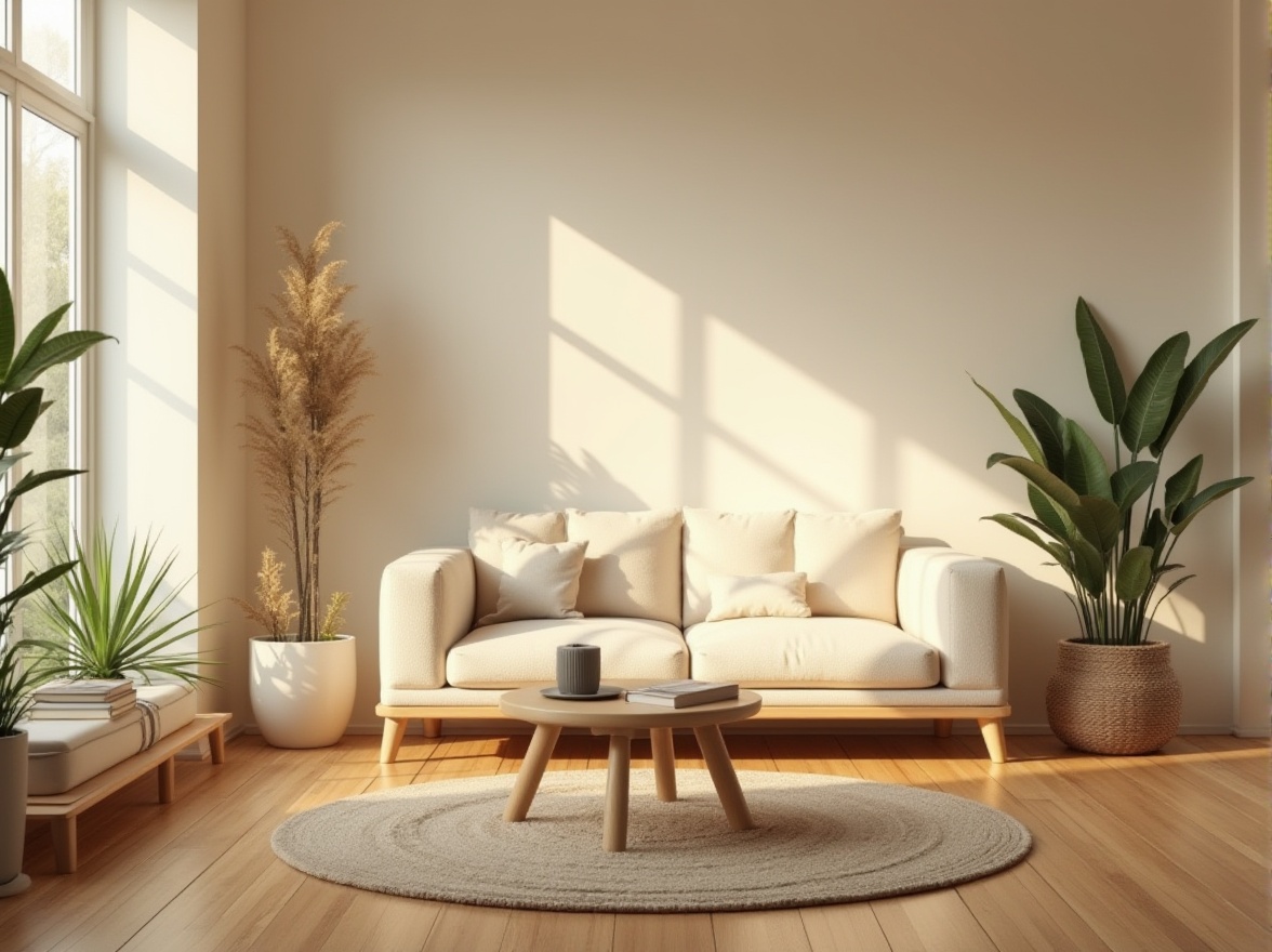 Prompt: Calming interior space, healing atmosphere, wooden flooring, cream-colored walls, minimalist furniture, soft cushions, natural textiles, plants with green leaves, floor lamps, warm lighting, 3/4 composition, cozy reading nook, comfortable sofa, rounded coffee table, vintage rug, peaceful ambiance, soft background music, subtle aroma of essential oils, natural materials, earthy tones, serene color palette, harmonious layout.