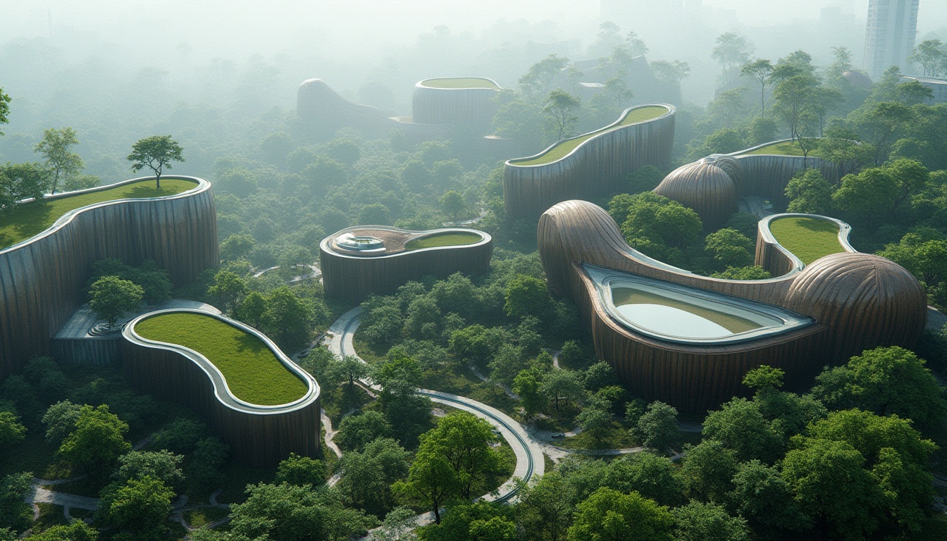 Prompt: Natural forms, organic shapes, wavy lines, curved structures, futuristic buildings, modern architecture, sleek materials, glass facades, steel frames, wooden accents, vibrant green roofs, lush vegetation, urban jungle, cityscape, bird's eye view, low-angle shot, dramatic lighting, misty atmosphere.