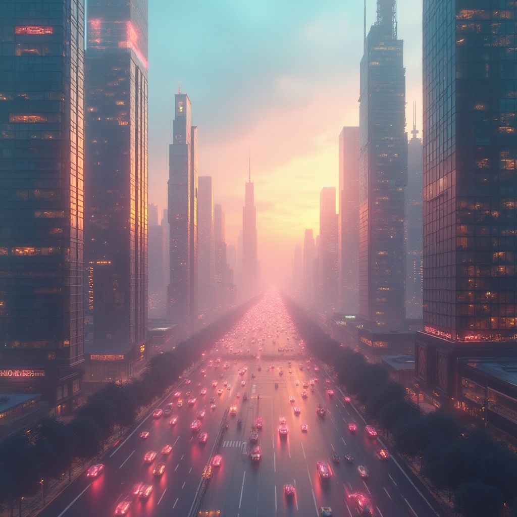 Prompt: Vibrant color palette, pastel hues, gradient effects, subtle shading, bright accents, metallic sheen, neon lights, futuristic ambiance, cityscape background, sleek skyscrapers, misty atmosphere, warm golden lighting, 3/4 composition, panoramic view, depth of field, realistic textures.