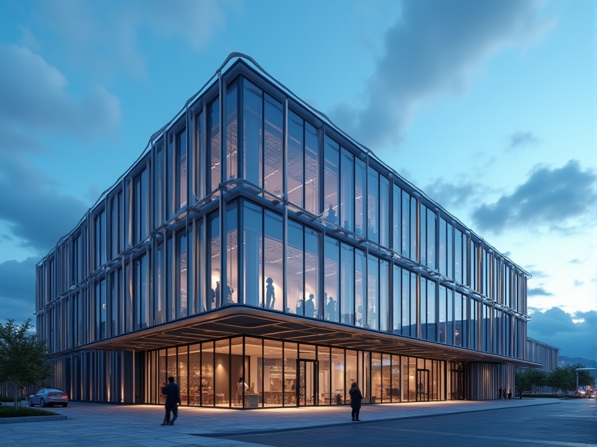 Prompt: Modern innovative facade design, international style, industrial factory building, large glass windows, metal frames, LED lights, sleek minimalist architecture, geometric shapes, clean lines, urban landscape, cityscape, blue sky, white clouds, dramatic shadows, low-angle shot, wide-angle lens, cinematic composition, high-contrast lighting, vibrant colors.