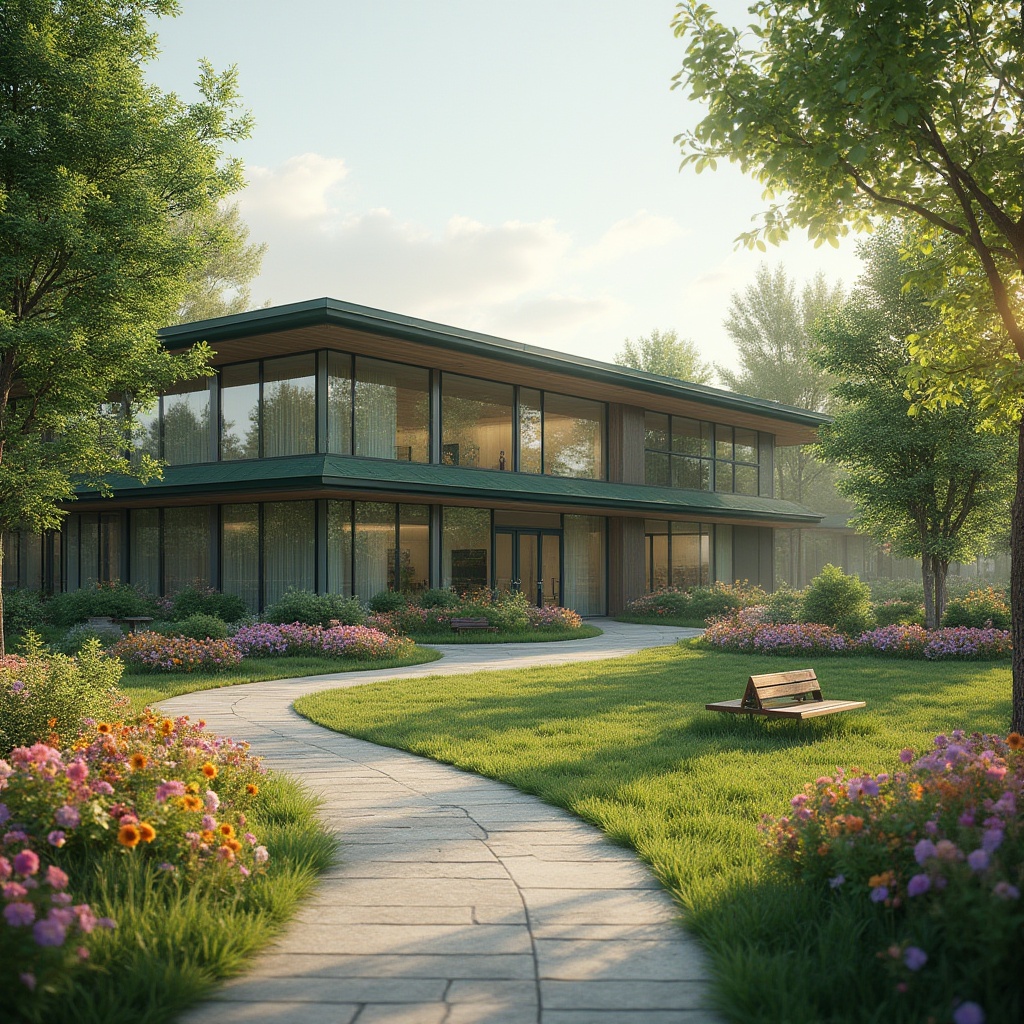 Prompt: Suburban clinic, modern architecture, glass facade, green roof, lush vegetation, colorful flowers, manicured lawn, stone pathway, wooden benches, serene atmosphere, morning dew, soft sunlight, gentle breeze, natural ambiance, 3/4 composition, shallow depth of field, warm color tone, healing environment.