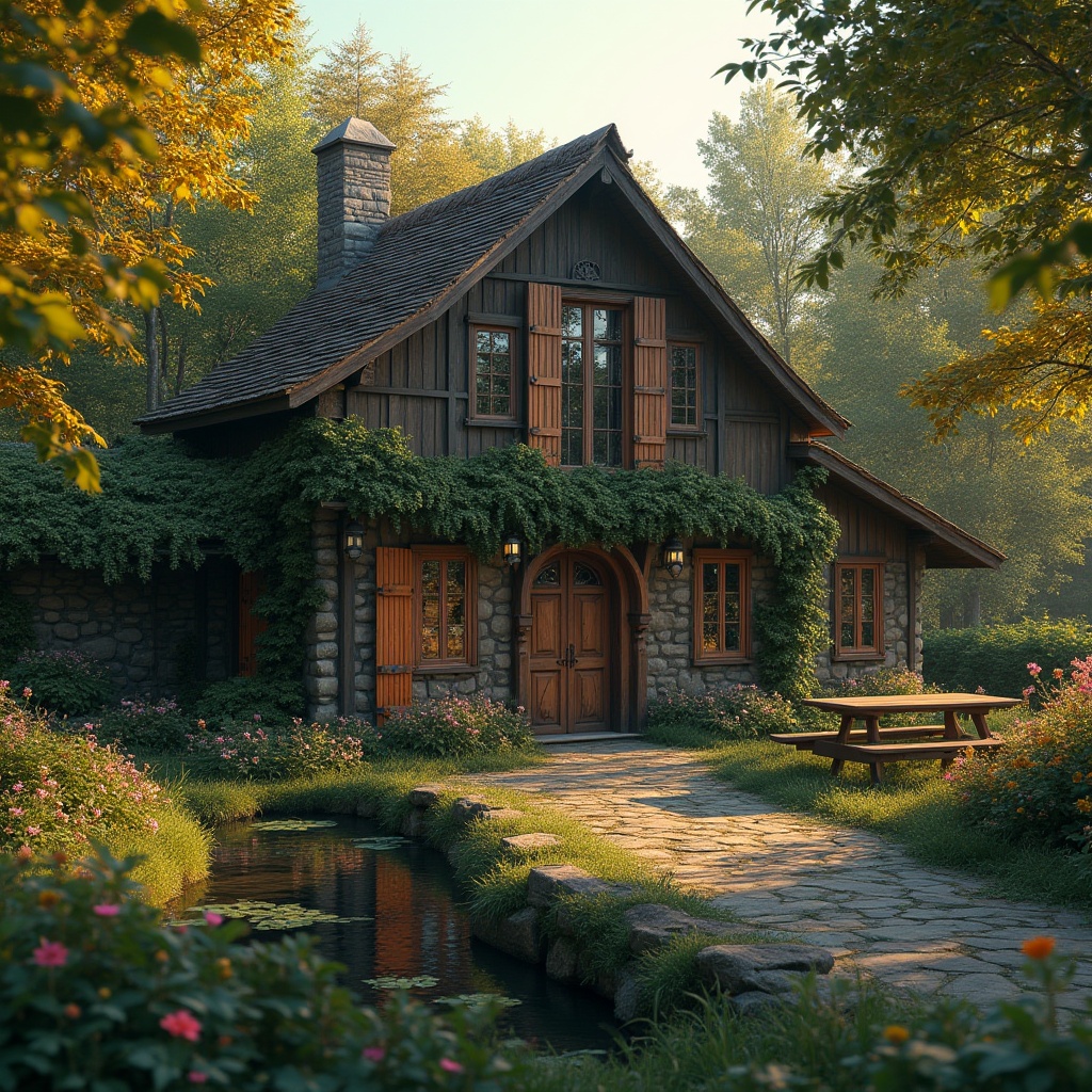 Prompt: Rustic barn academic style building, surrounded by lush greenery, vines crawling up walls, old wooden doors, stone pathways, lanterns hanging from eaves, natural stone foundation, overgrown with moss, wildflowers blooming in vibrant colors, a small pond nearby reflecting the building's facade, few benches and outdoor tables under shade trees, soft warm lighting at dusk, cinematic composition, depth of field, realistic textures, autumn afternoon, gentle breeze.