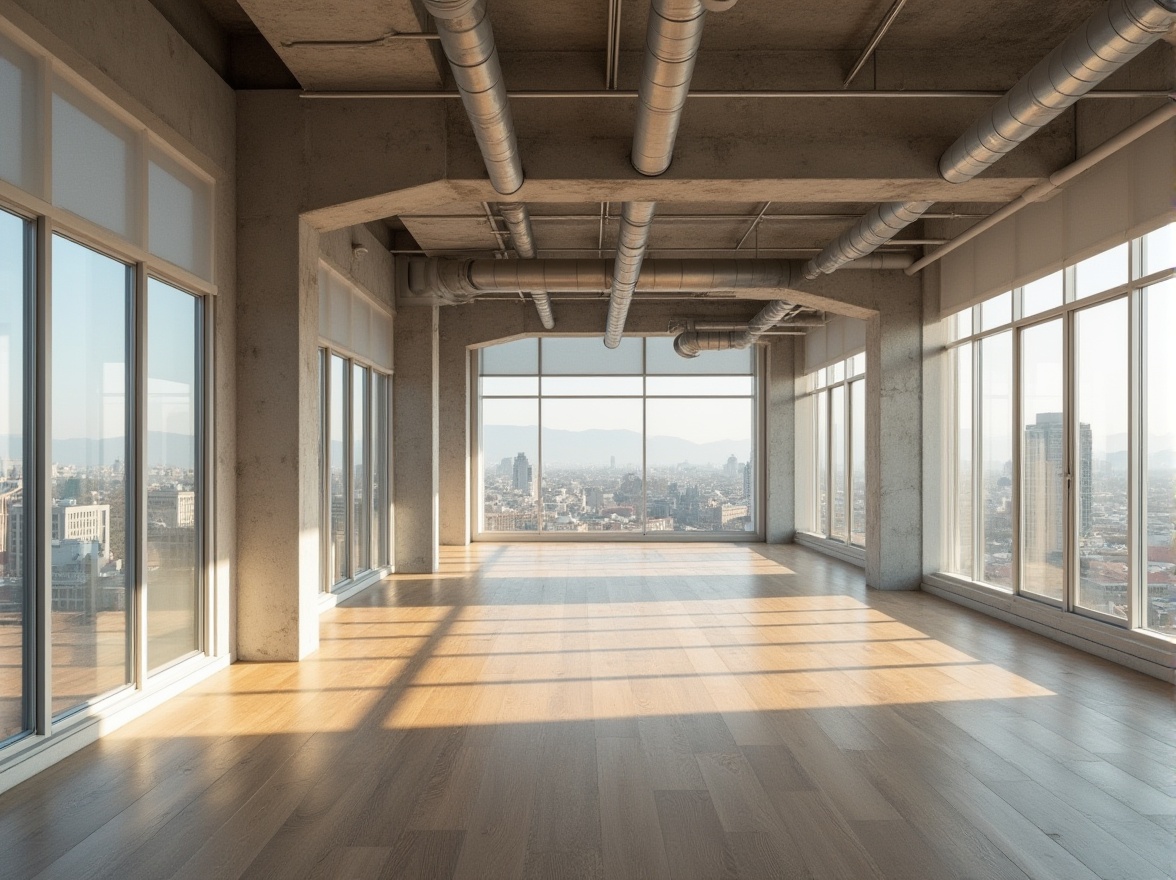 Prompt: Minimalist architecture, modern building, concrete walls, large windows, wooden floors, low-profile furniture, industrial pipes, exposed ductwork, metal beams, minimalist decor, empty space, natural light, shadows, clean lines, simple shapes, neutral color palette, beige, gray, white, black accents, urban background, cityscape view, afternoon sunlight, high contrast, dramatic shadows, wide-angle shot, symmetrical composition.