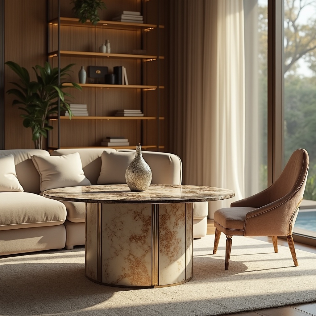 Prompt: Luxurious interior design, high-end furniture, marble tabletop, velvet upholstery, polished metal legs, glass shelves, ornate carvings, soft cushions, subtle patterns, rich textures, warm ambient lighting, 3/4 composition, close-up of decorative details, shallow depth of field, modern villa, morning sunlight, serene atmosphere.