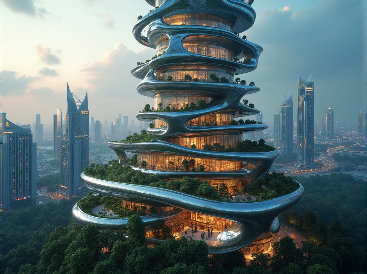 Prompt: Futuristic skyscraper, sustainable materials, eco-friendly, curved lines, gleaming metals, iridescent glass, solar panels, green walls, lush rooftop garden, metallic accents, neon lights, holographic advertisements, bustling cityscape, aerial view, low-angle shot, dramatic lighting, cinematic composition.