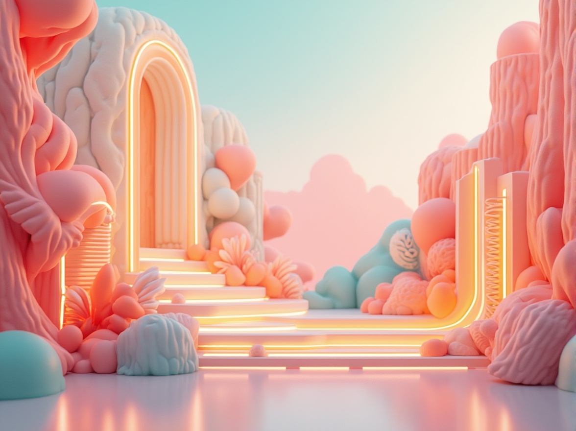 Prompt: Vibrant color palette, cohesive design, pastel pink, rich turquoise, creamy white, deep coral, bold yellow, soft peach, abstract shapes, geometric patterns, intricate textures, modern art style, futuristic vibe, neon lights, glowing accents, 3D rendering, low poly aesthetic, atmospheric mist, depth of field, cinematic composition, warm ambient lighting.