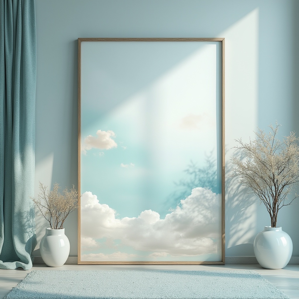 Prompt: Azure inspired color palette, calming ambiance, serene atmosphere, gentle gradient transition, pastel hues, soft blue, creamy white, pale silver, misty grey, delicate turquoise, subtle texture, wispy clouds, dreamy landscape, ethereal lighting, shallow depth of field, warm sunbeam, peaceful composition, 3/4 view, artistic still life, ornate frame, modern interior design, luxurious villa, spacious living room.